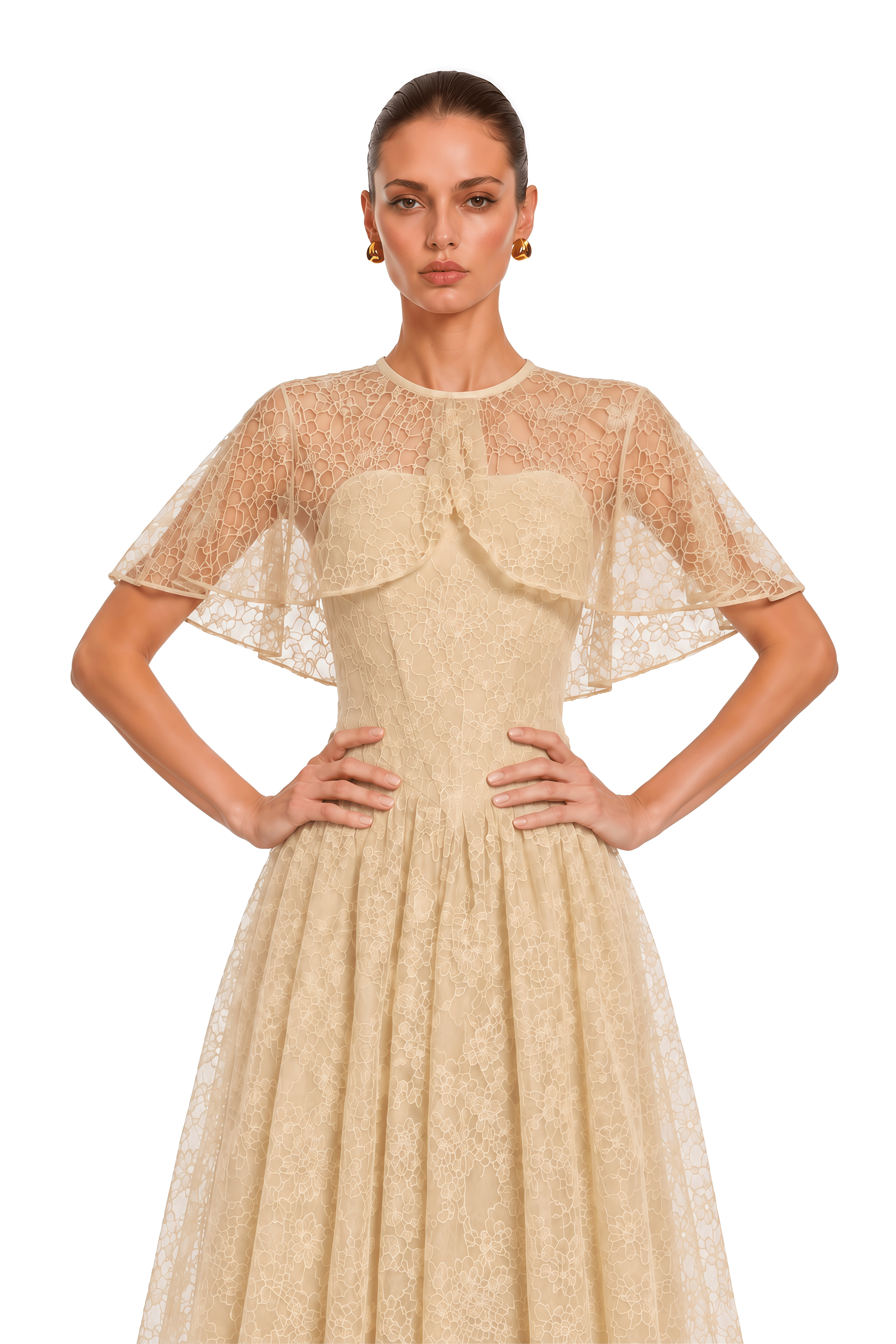Evania Neutral Lace Cape & Midi Dress Set