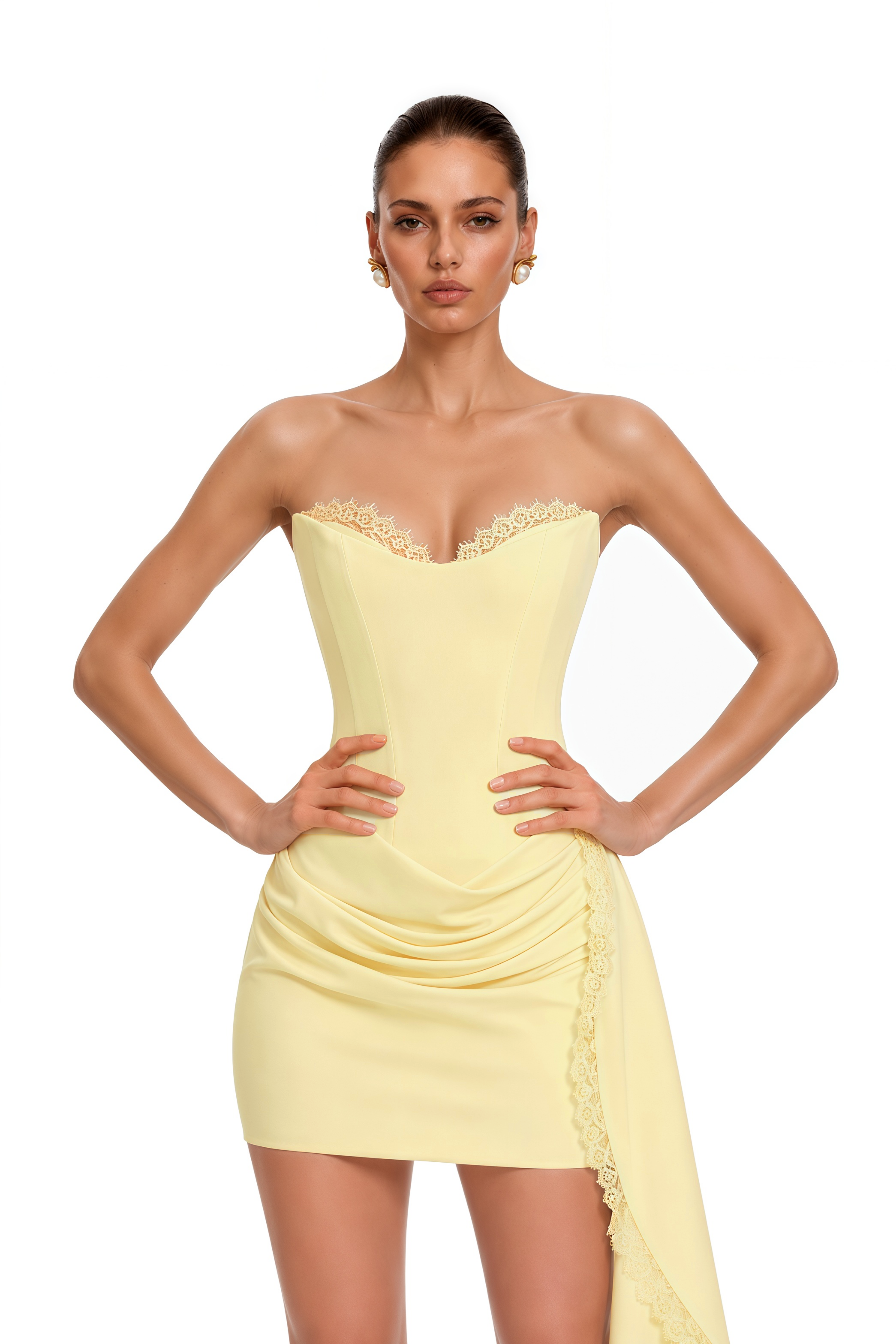 Evelina Yellow Strapless Lace Trim Mini Dress