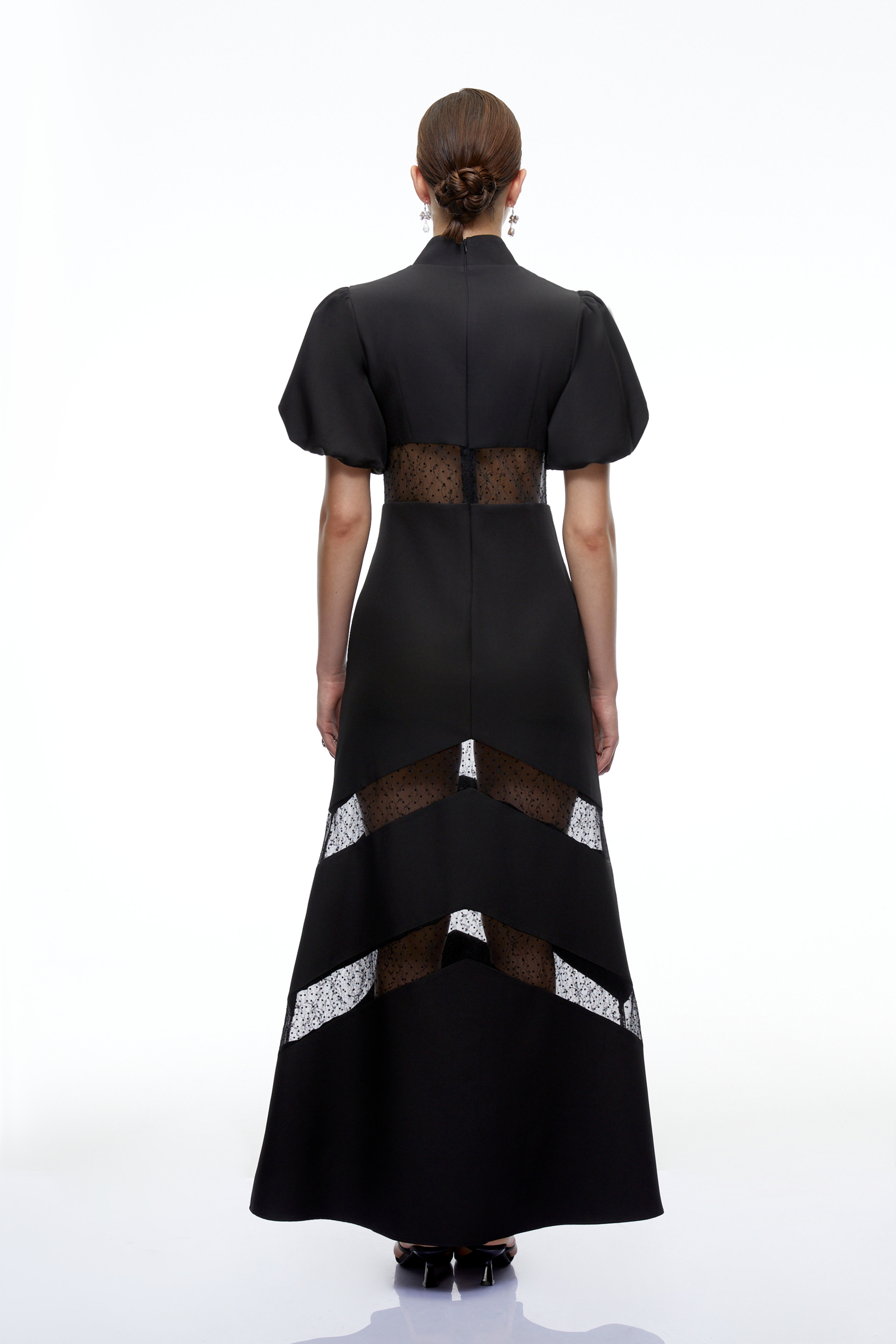 Evelisse Black High Neck Lace-Panelled Bow Maxi Dress