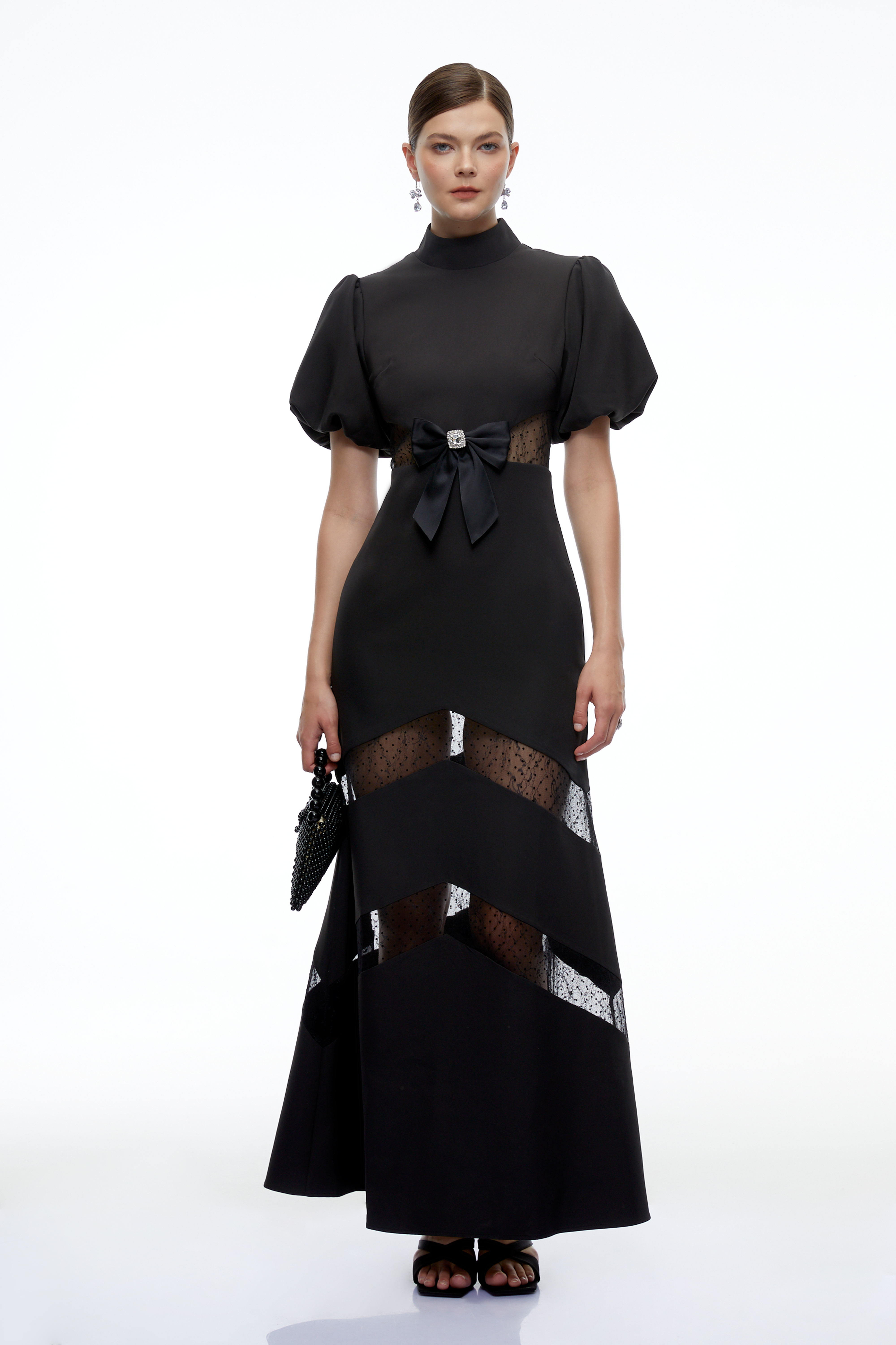 Evelisse Black High Neck Lace-Panelled Bow Maxi Dress