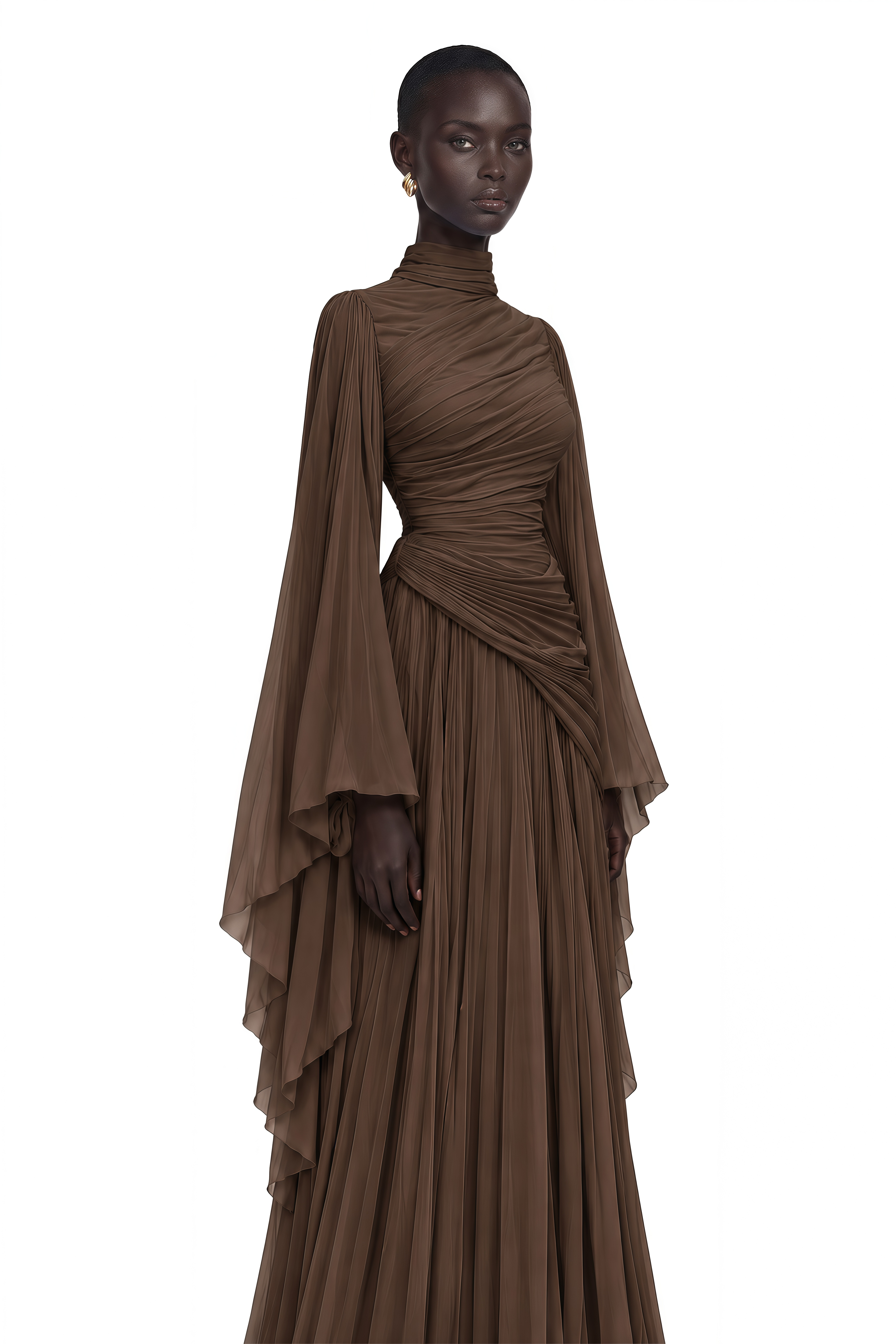 Evelisse Brown Draped Bell Sleeve Maxi Dress