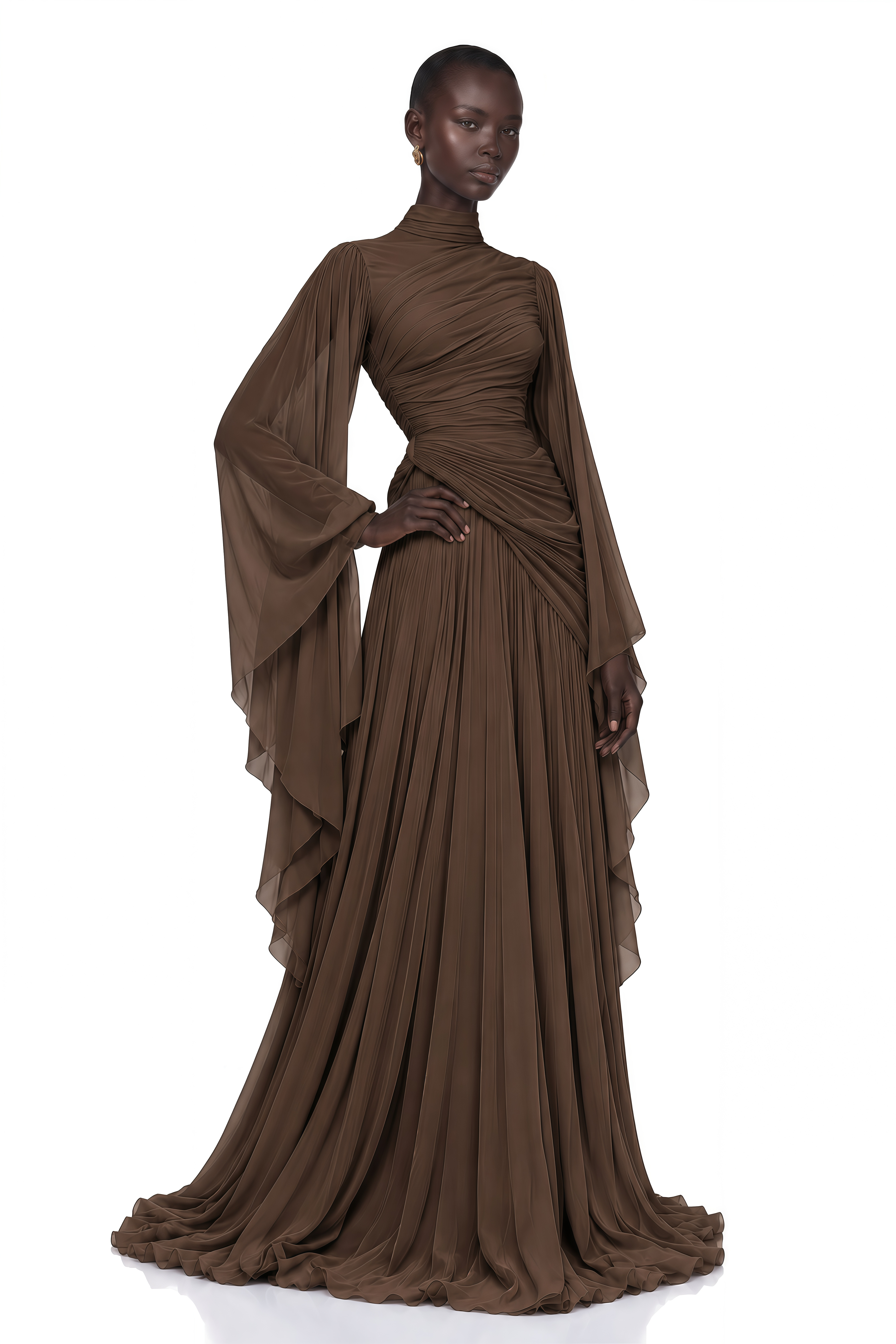 Evelisse Brown Draped Bell Sleeve Maxi Dress