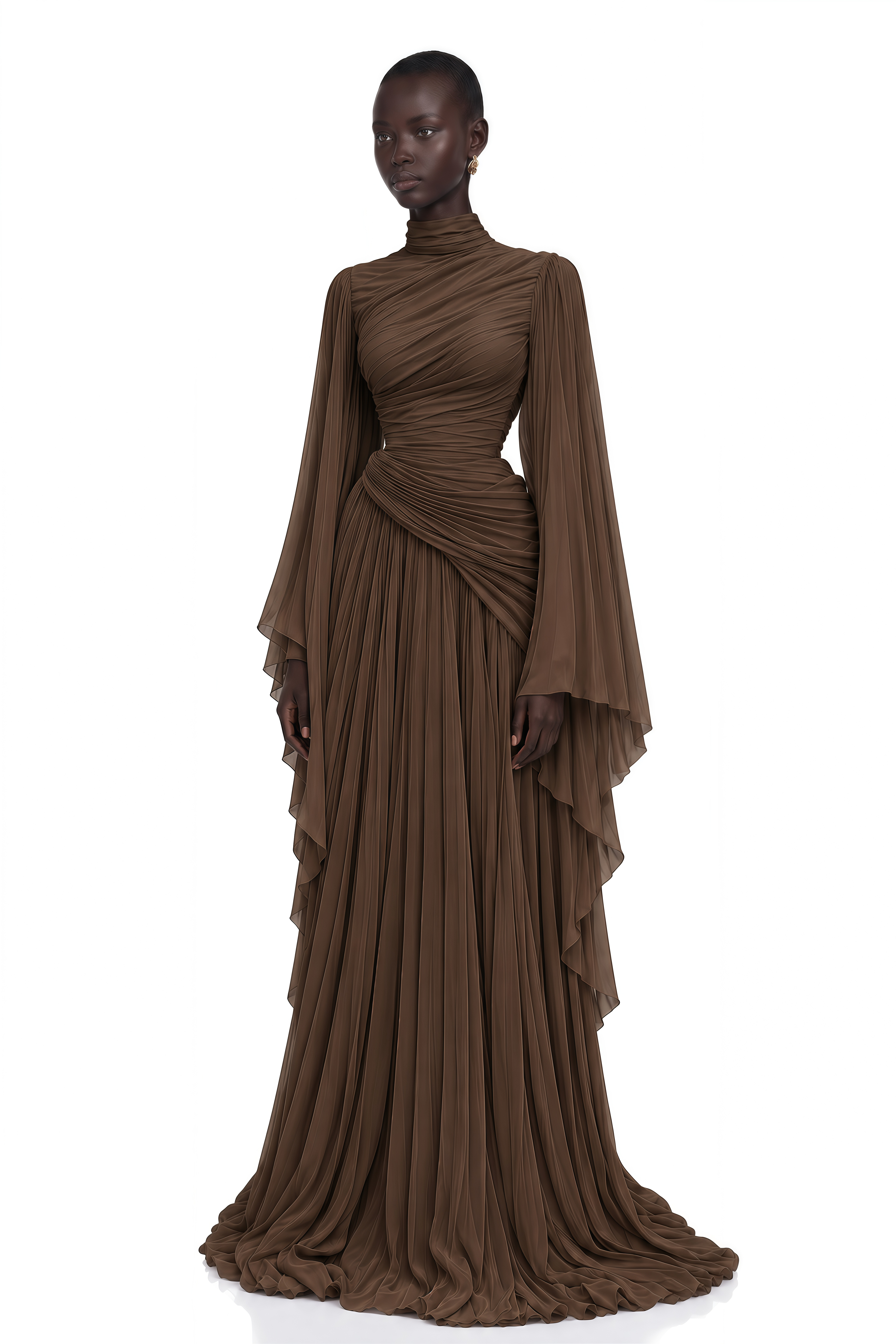 Evelisse Brown Draped Bell Sleeve Maxi Dress