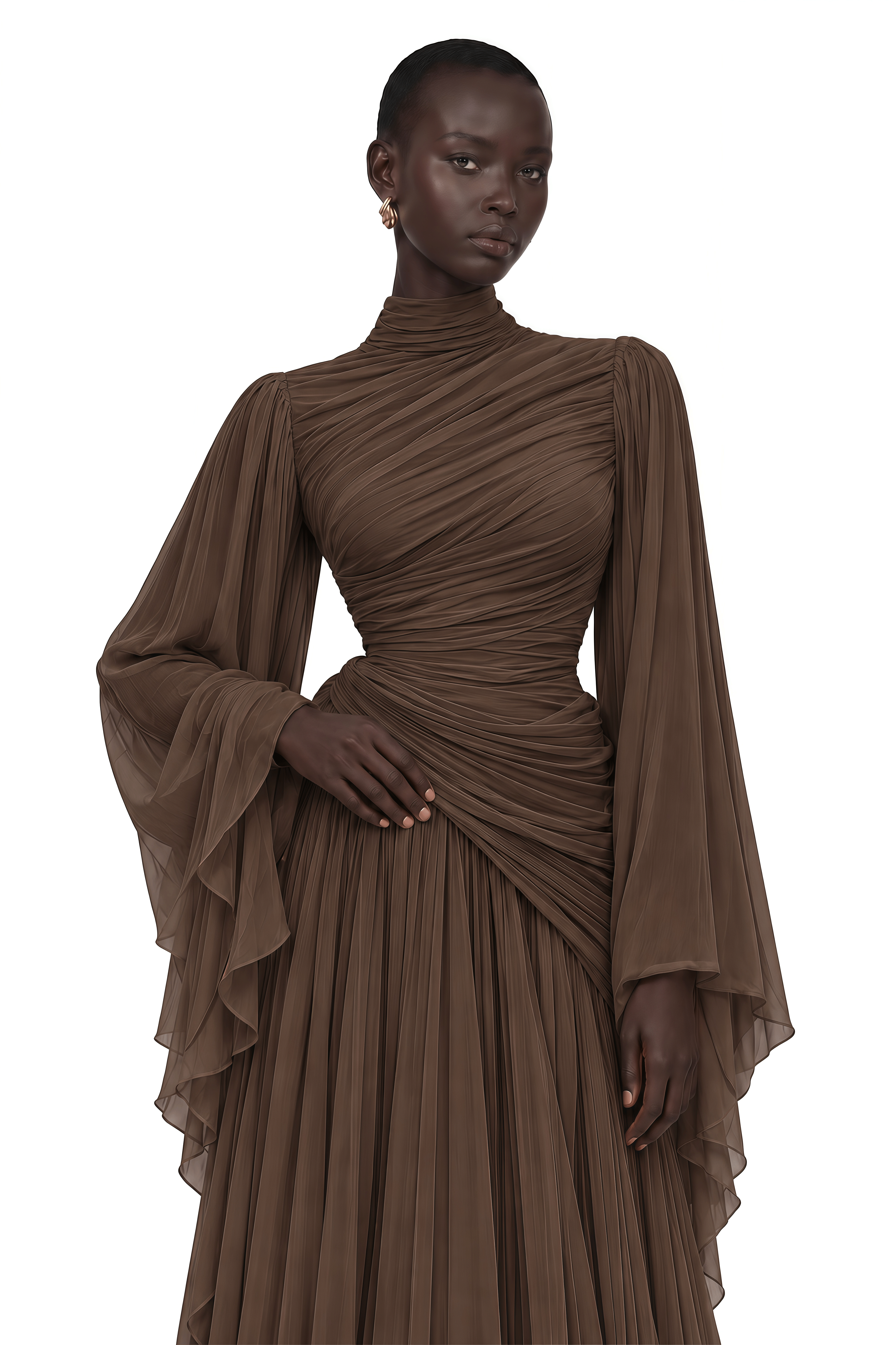 Evelisse Brown Draped Bell Sleeve Maxi Dress