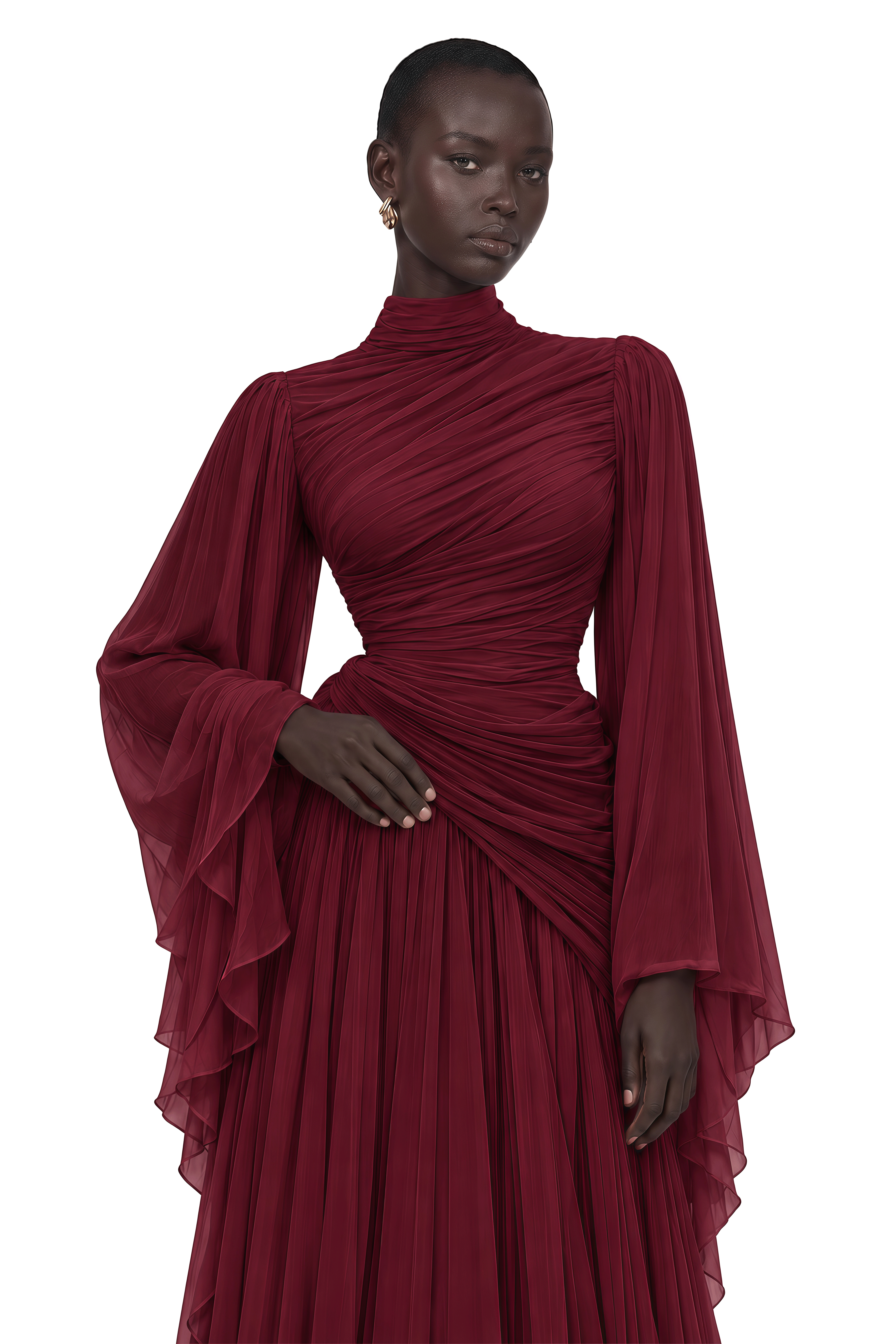 Evelisse Burgundy Draped Bell Sleeve Maxi Dress