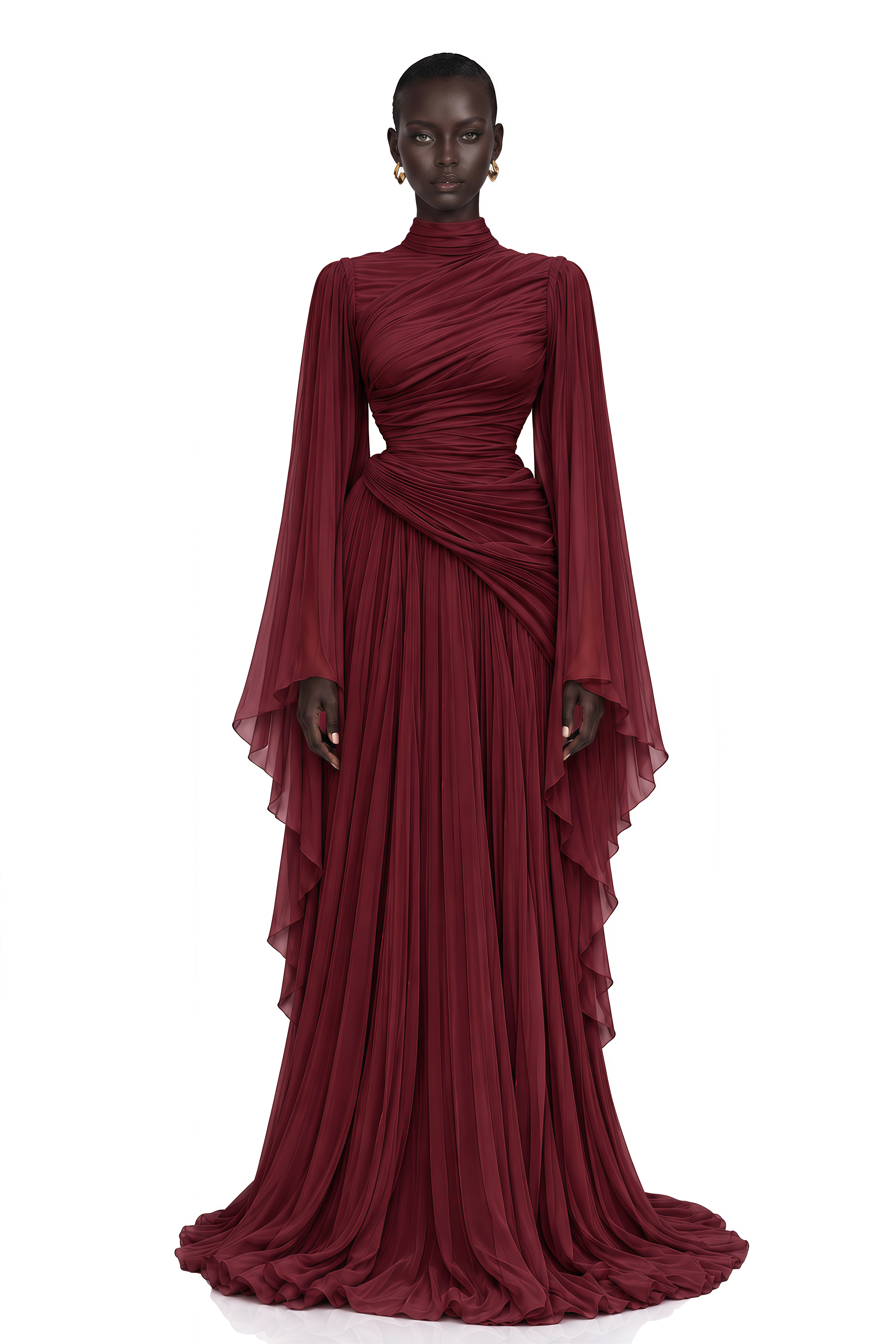 Evelisse Burgundy Draped Bell Sleeve Maxi Dress