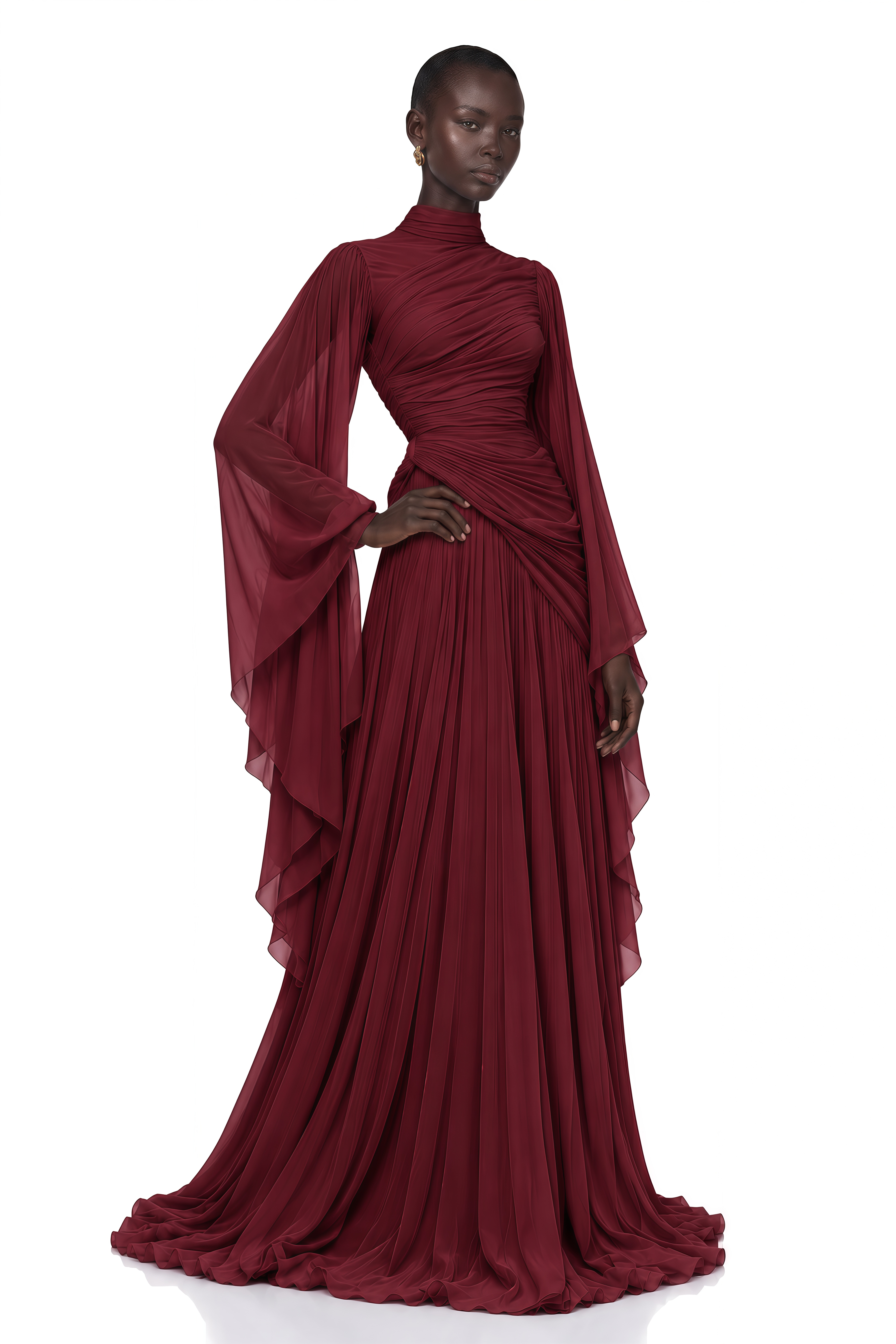 Evelisse Burgundy Draped Bell Sleeve Maxi Dress