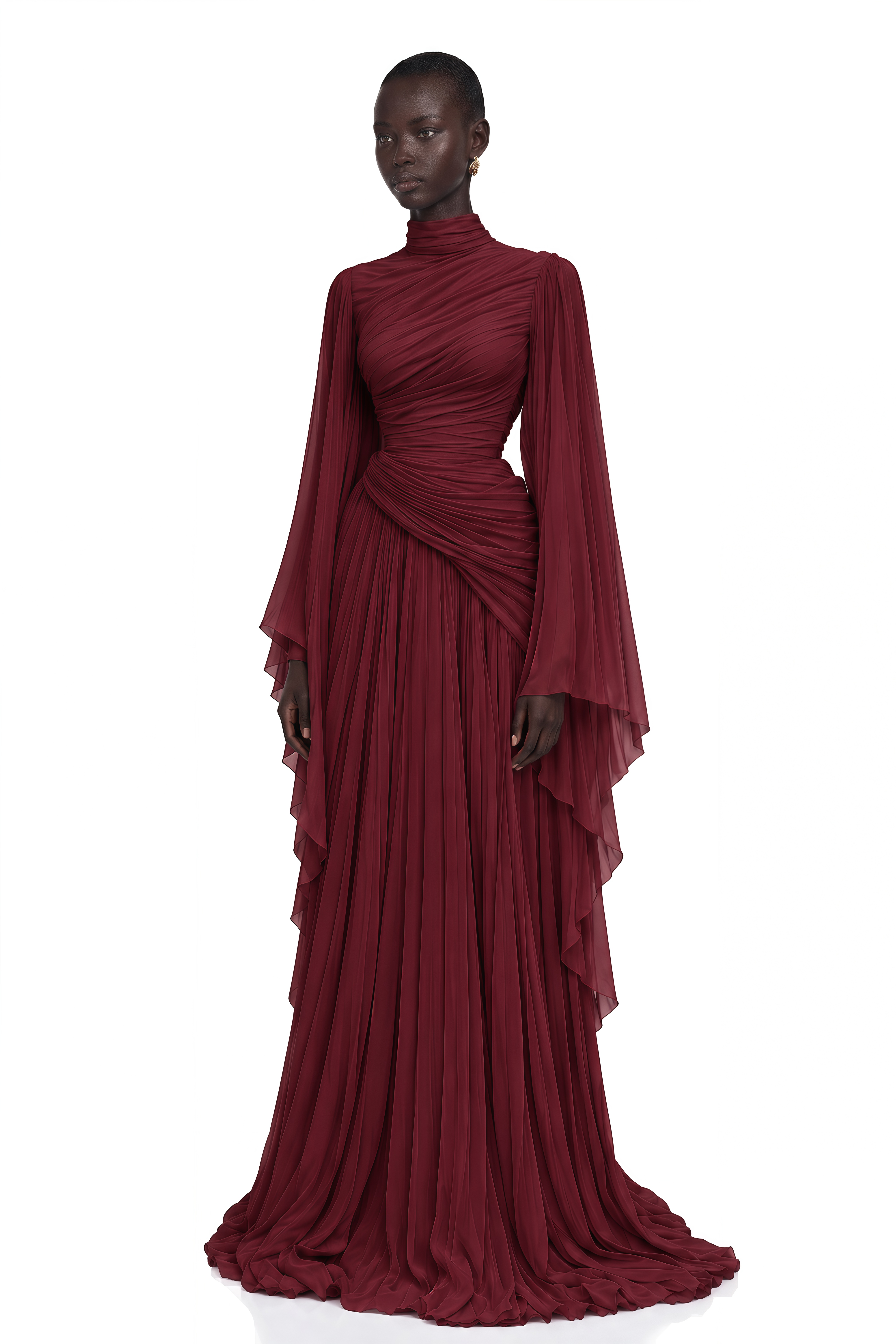 Evelisse Burgundy Draped Bell Sleeve Maxi Dress