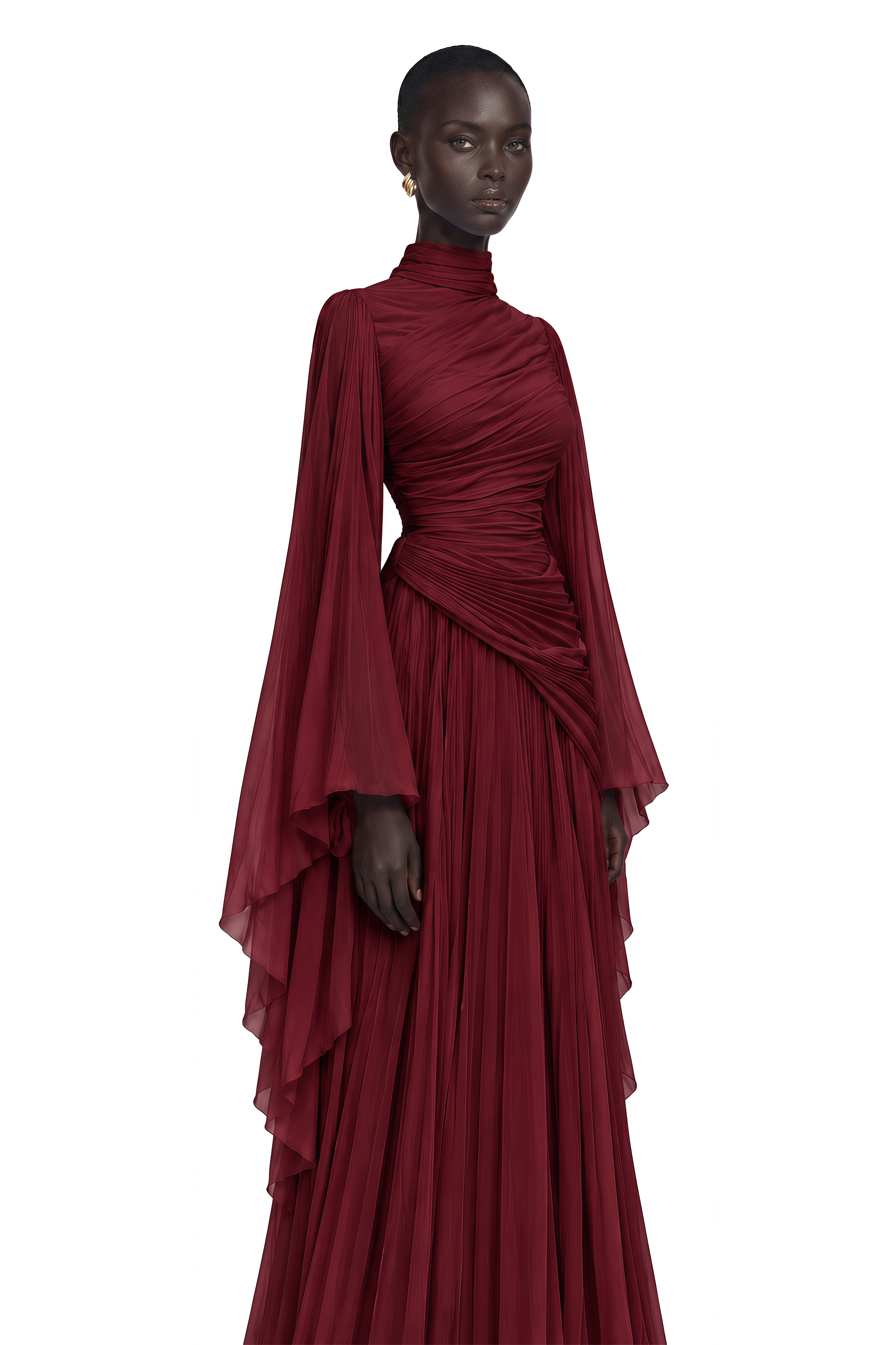 Evelisse Burgundy Draped Bell Sleeve Maxi Dress