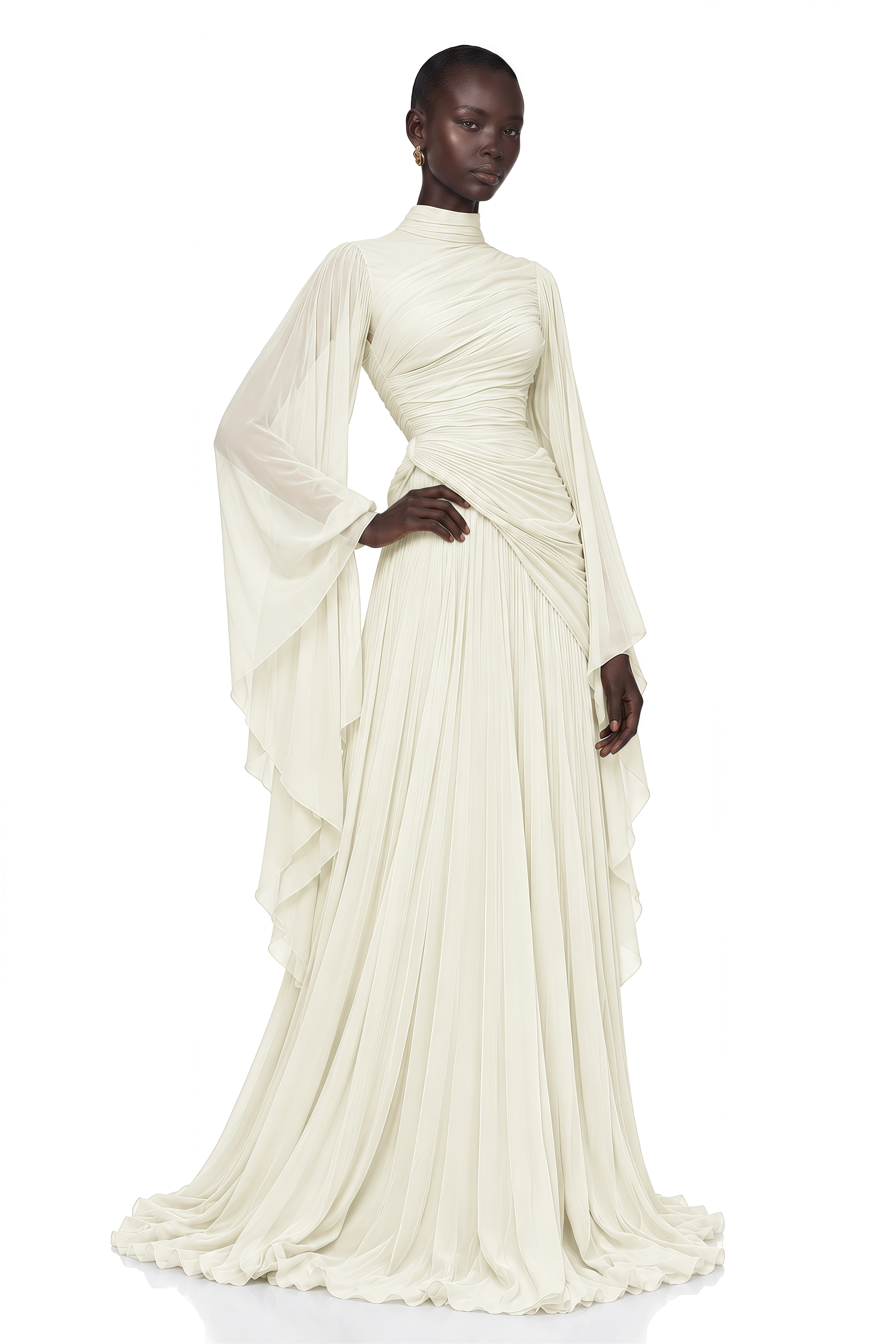 Evelisse Ivory Draped Bell Sleeve Maxi Dress