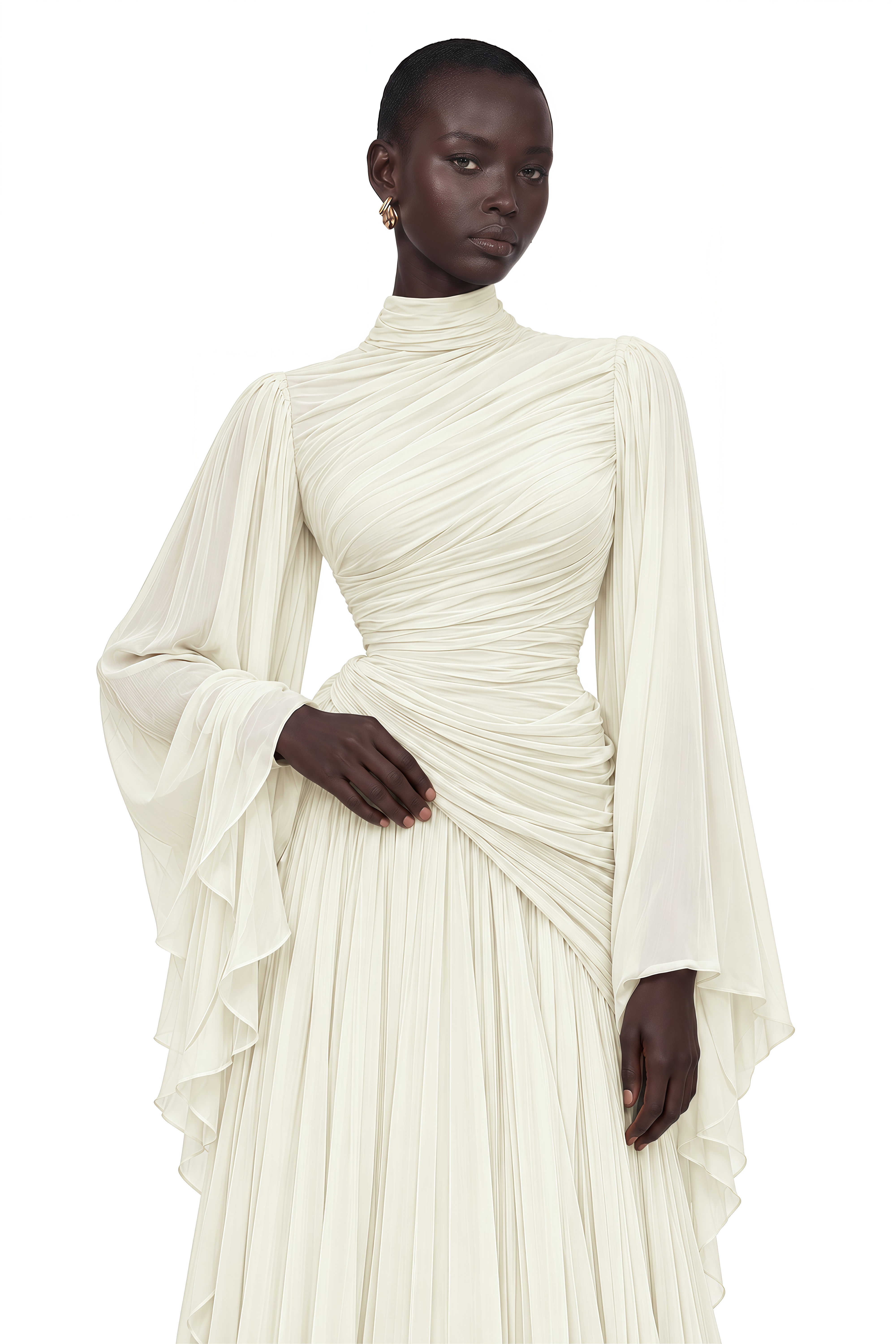 Evelisse Ivory Draped Bell Sleeve Maxi Dress