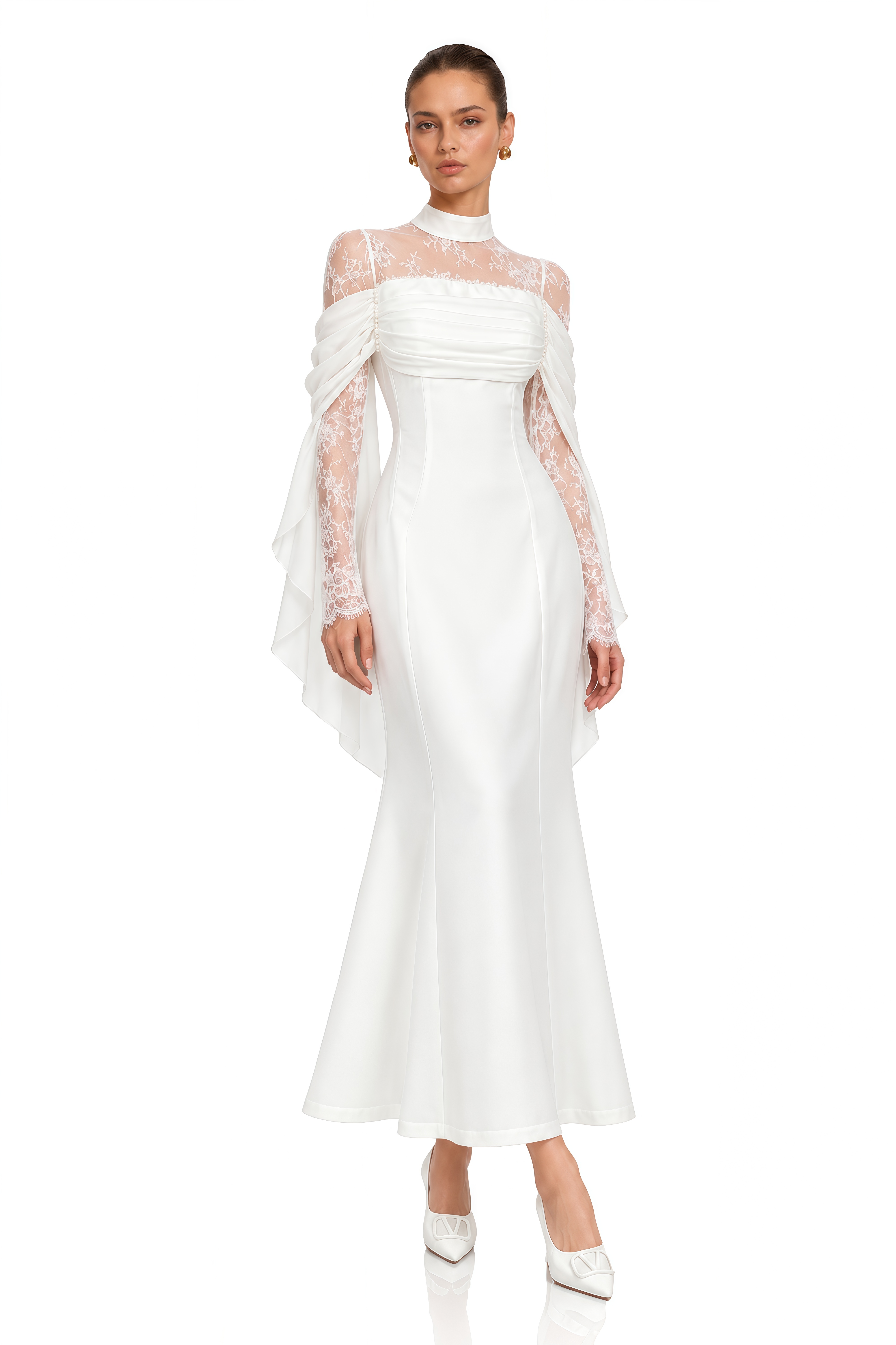 Evelisse White Lace Cape Sleeve Mermaid Maxi Dress