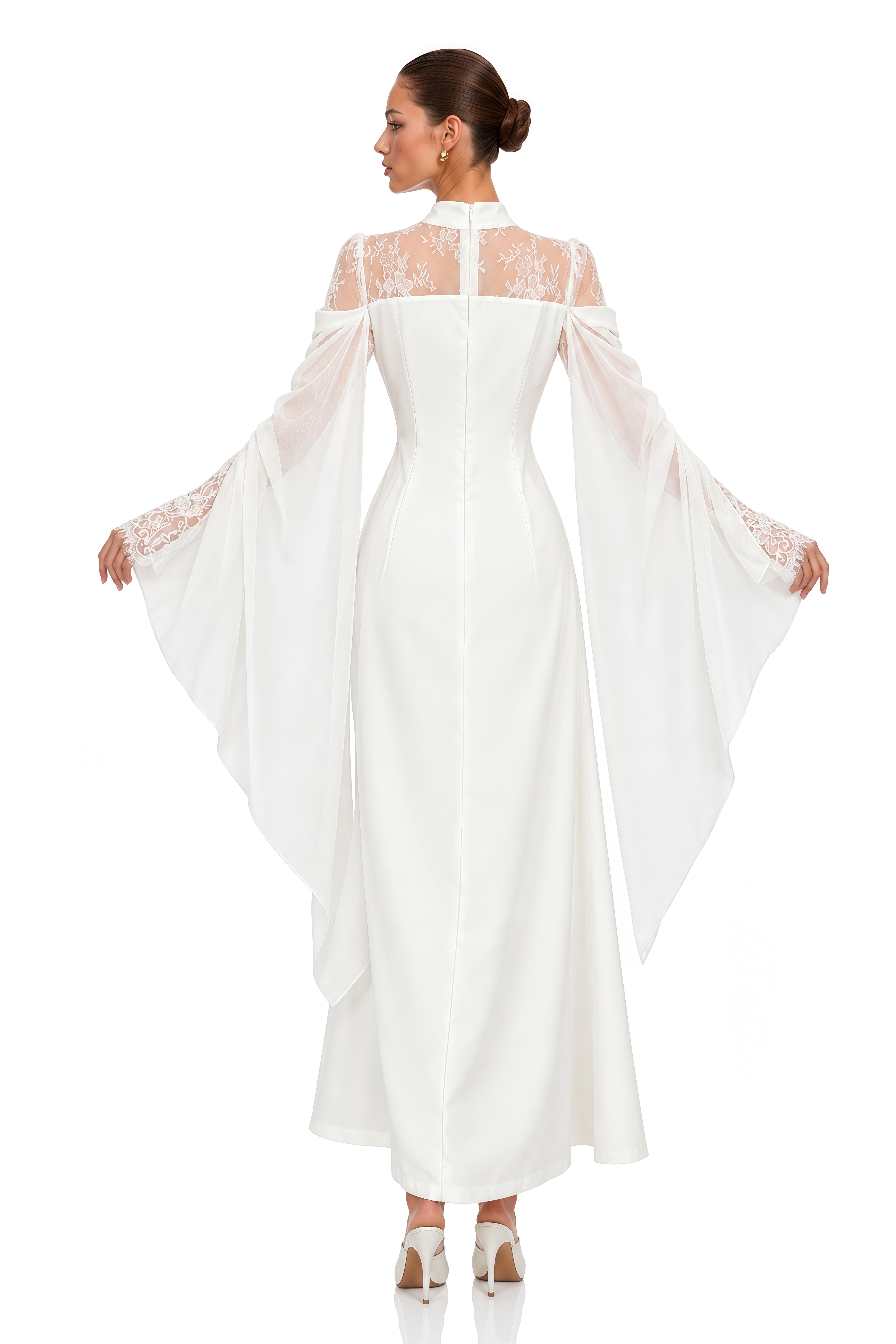 Evelisse White Lace Cape Sleeve Mermaid Maxi Dress