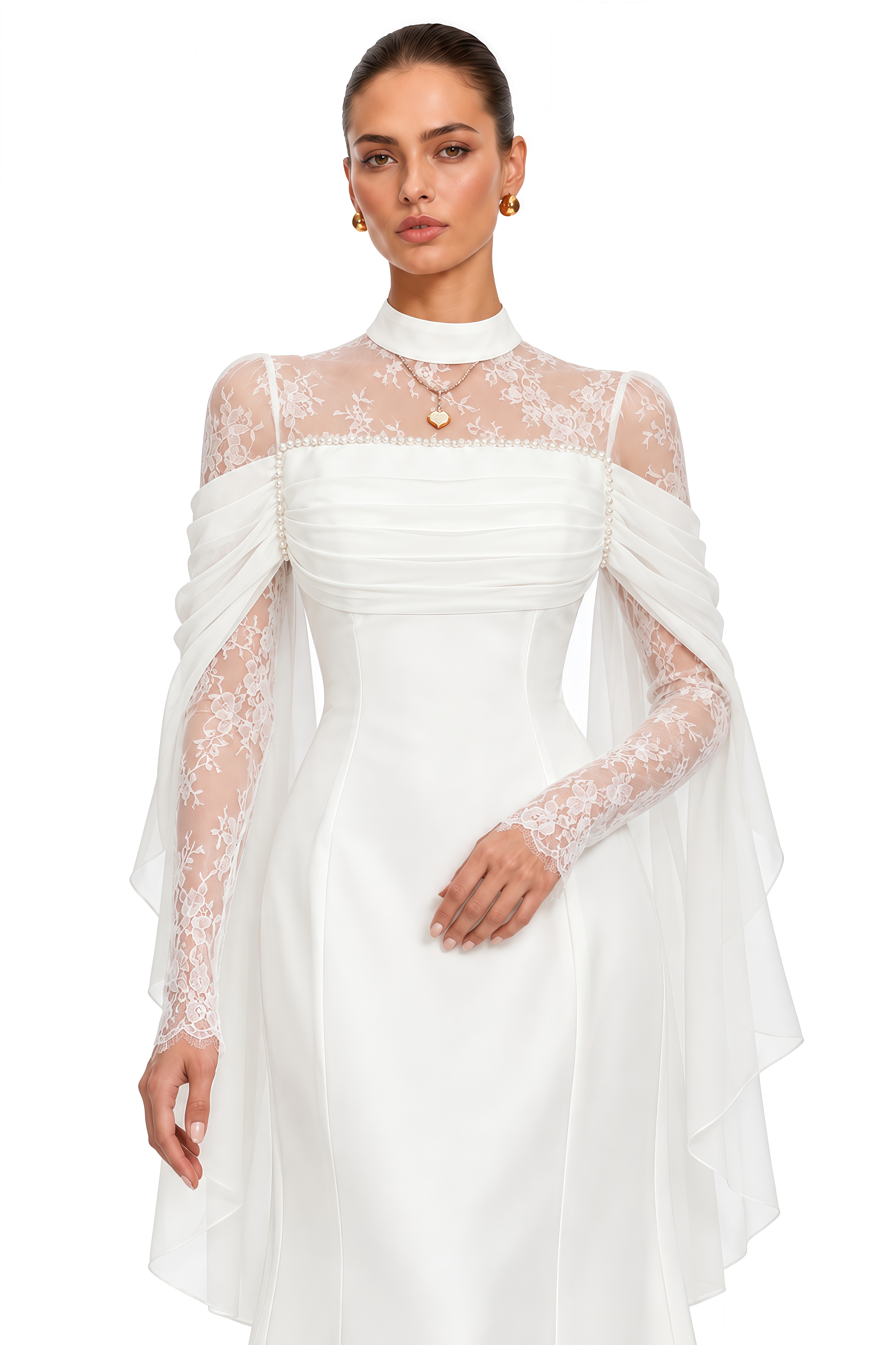 Evelisse White Lace Cape Sleeve Mermaid Maxi Dress