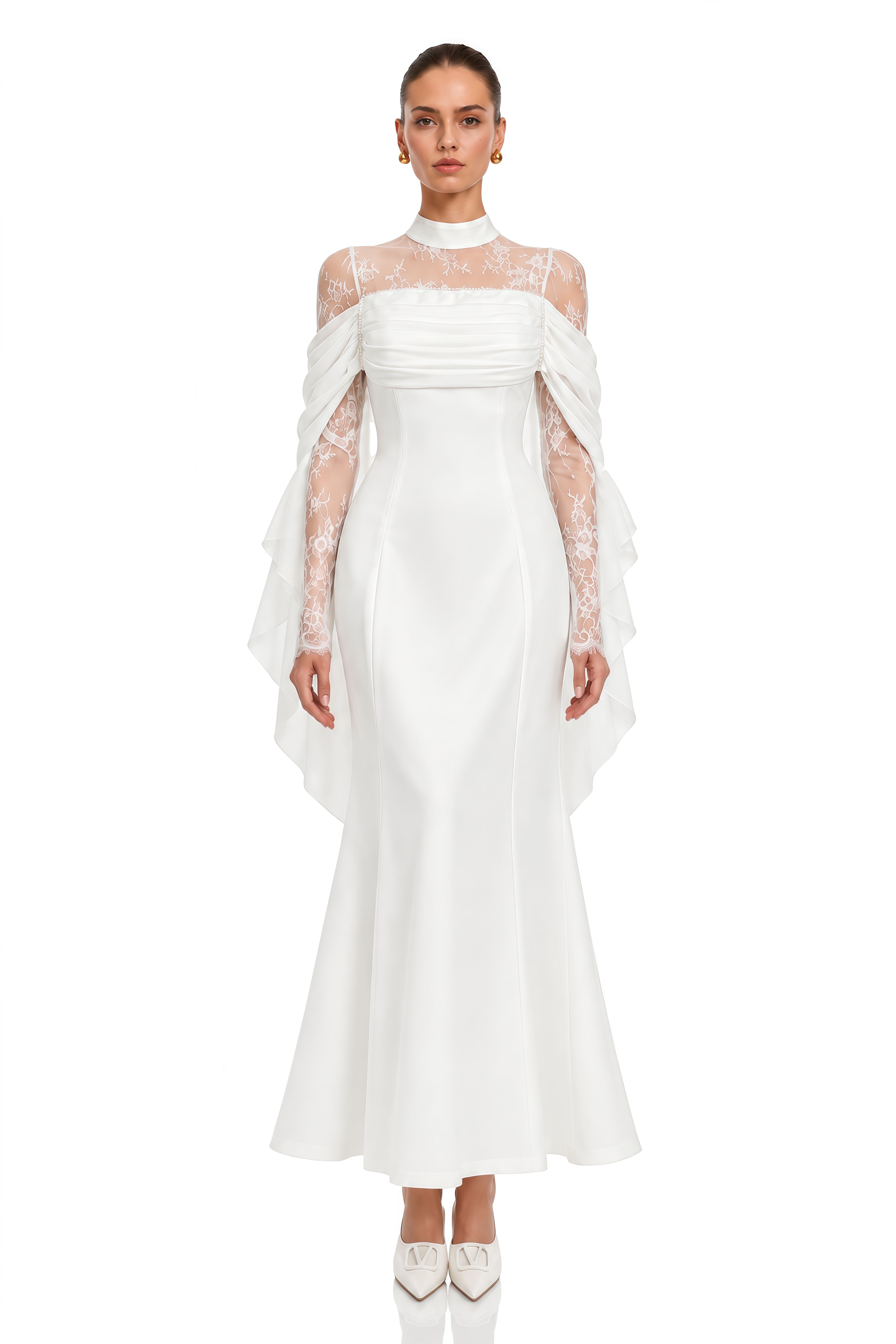 Evelisse White Lace Cape Sleeve Mermaid Maxi Dress