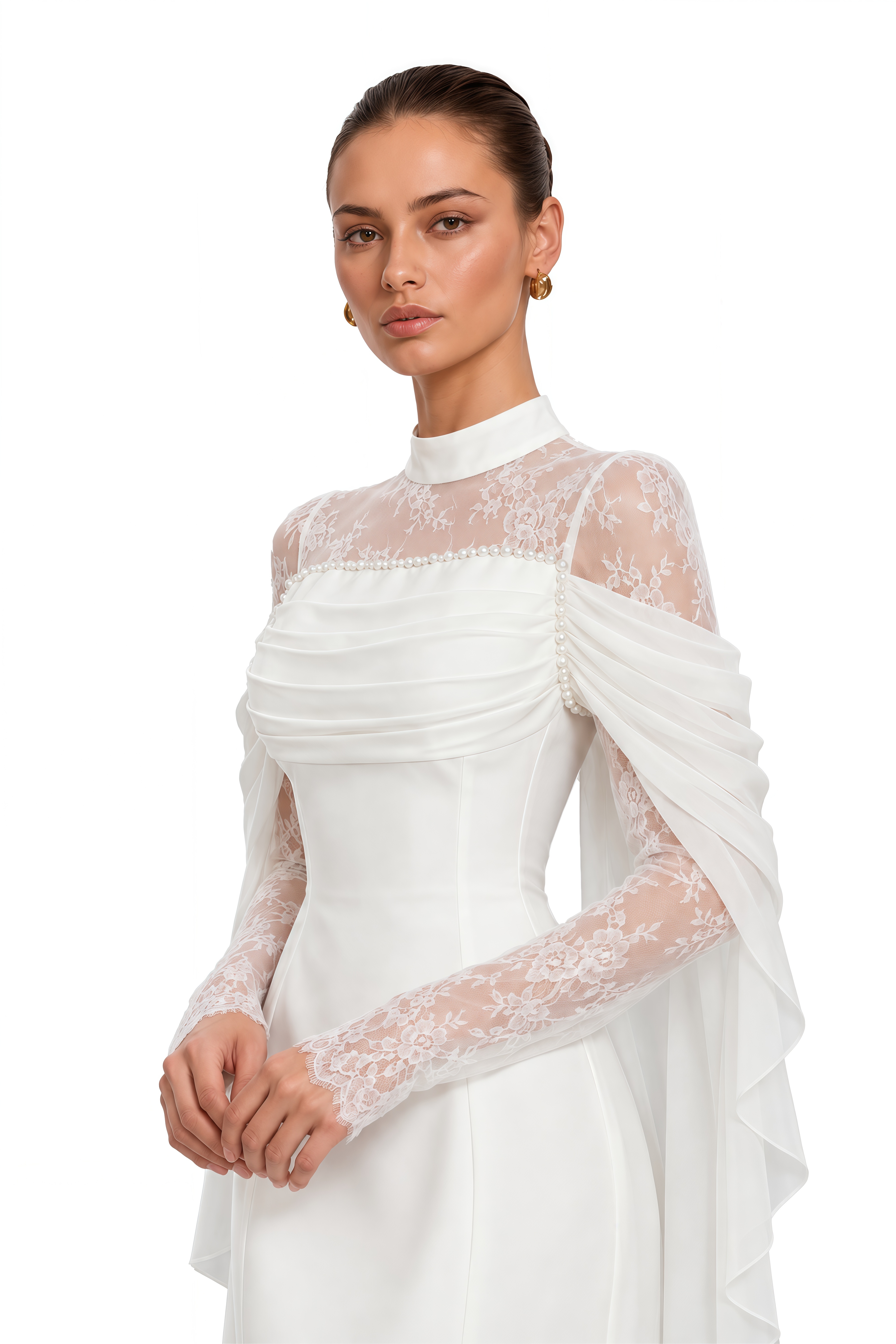 Evelisse White Lace Cape Sleeve Mermaid Maxi Dress