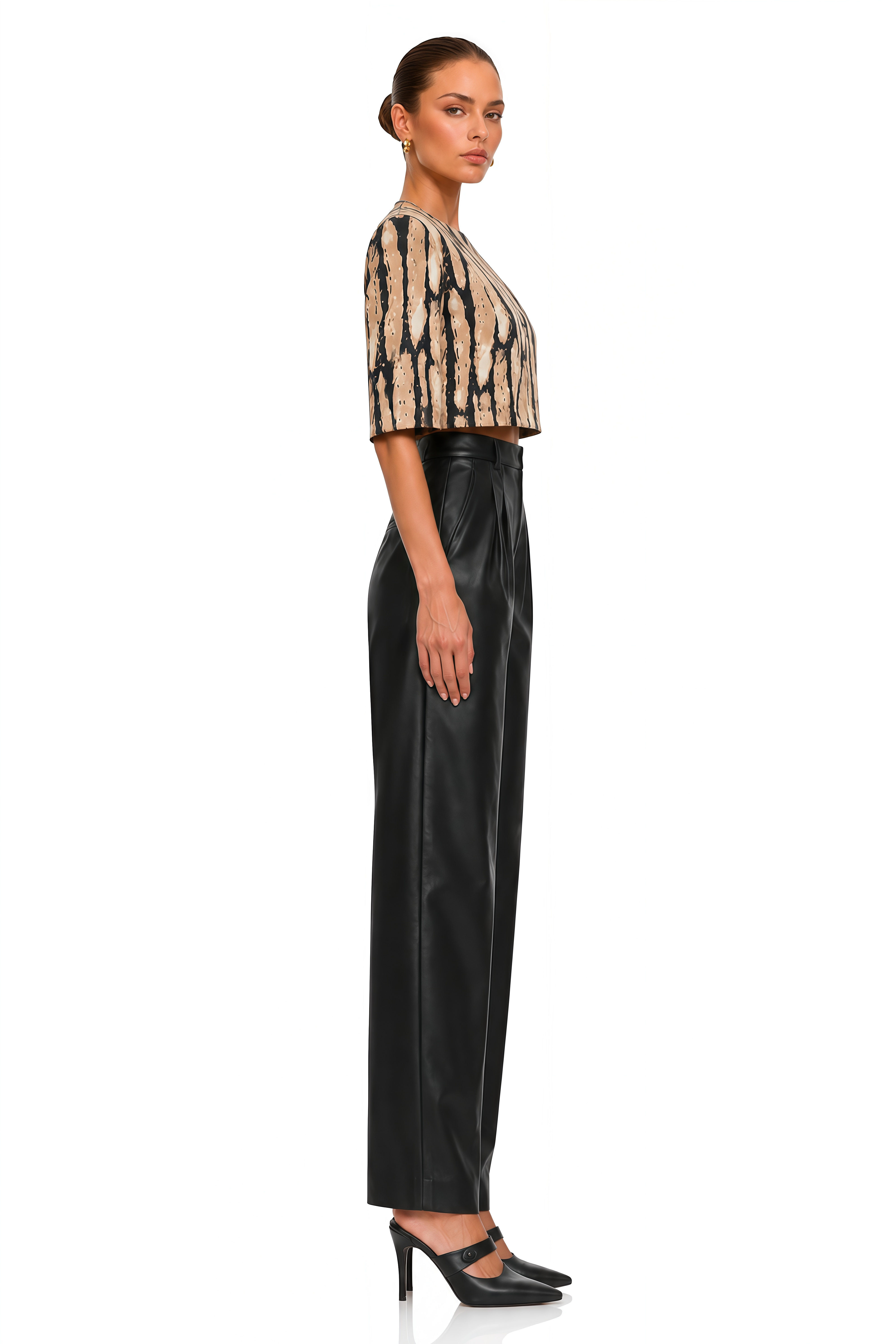 Evelyn Neutral Leopard Print Structured Shoulder Crop Top