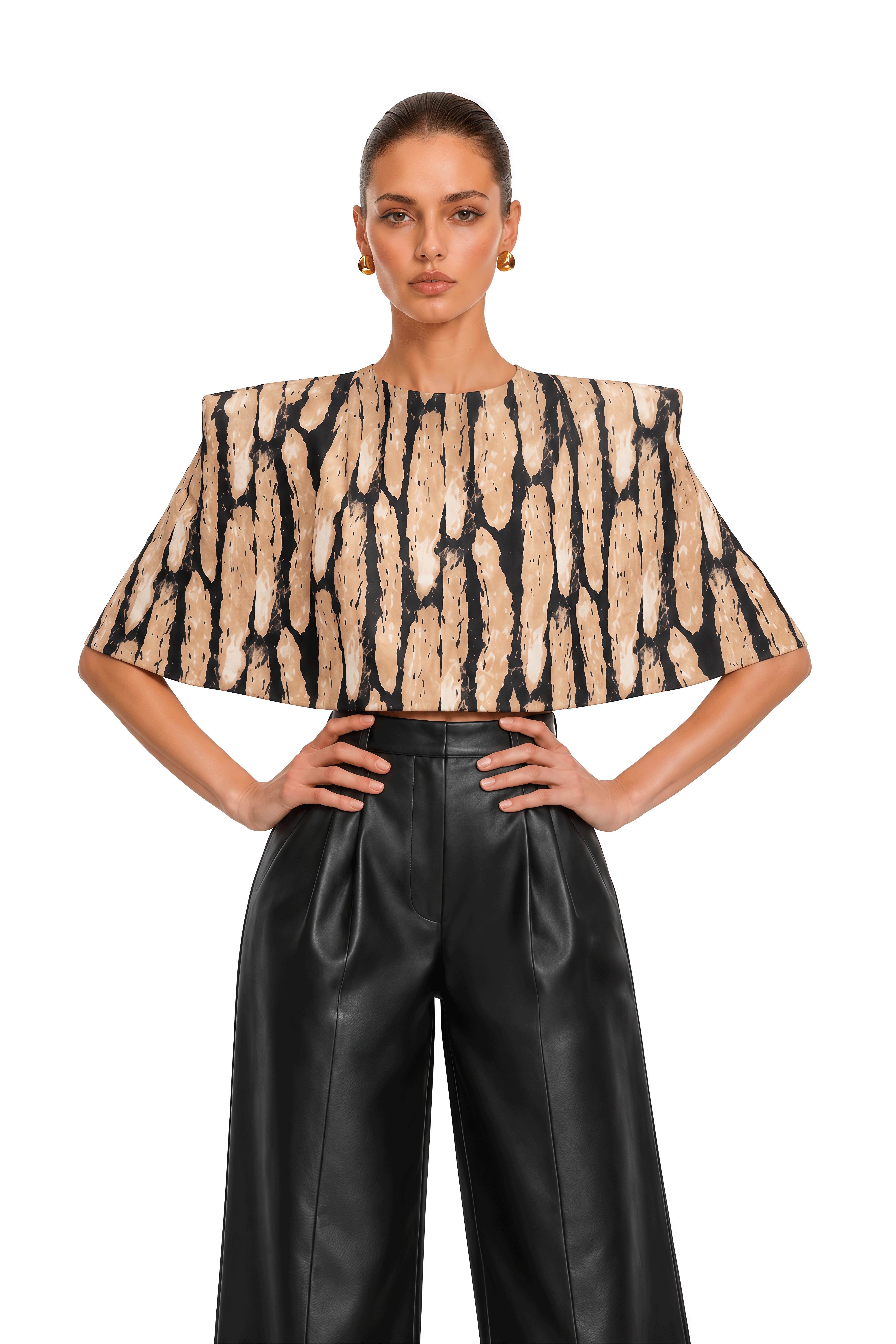 Evelyn Neutral Leopard Print Structured Shoulder Crop Top