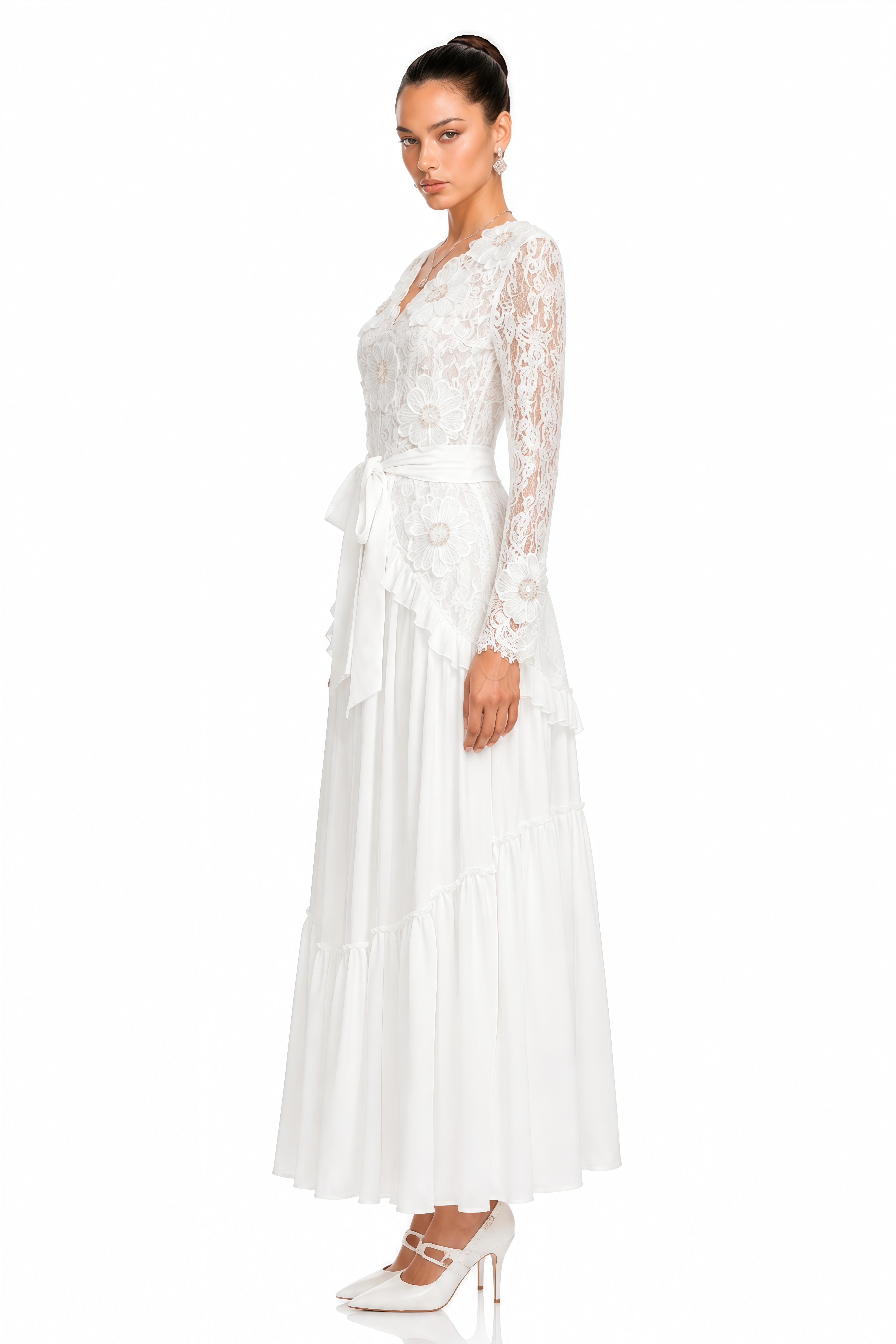 Evelyne White Lace Long Sleeve V-Neck Maxi Dress