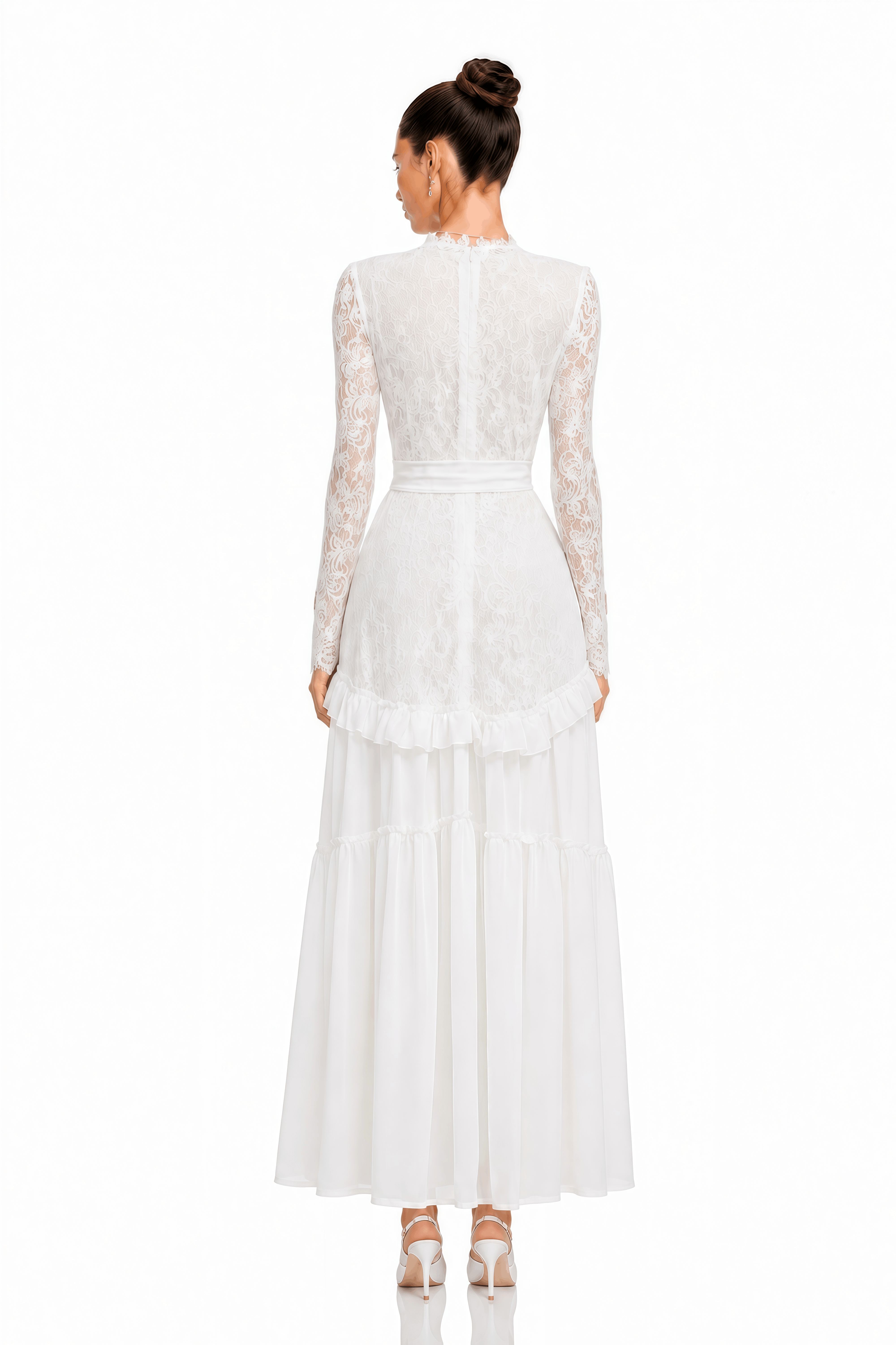 Evelyne White Lace Long Sleeve V-Neck Maxi Dress