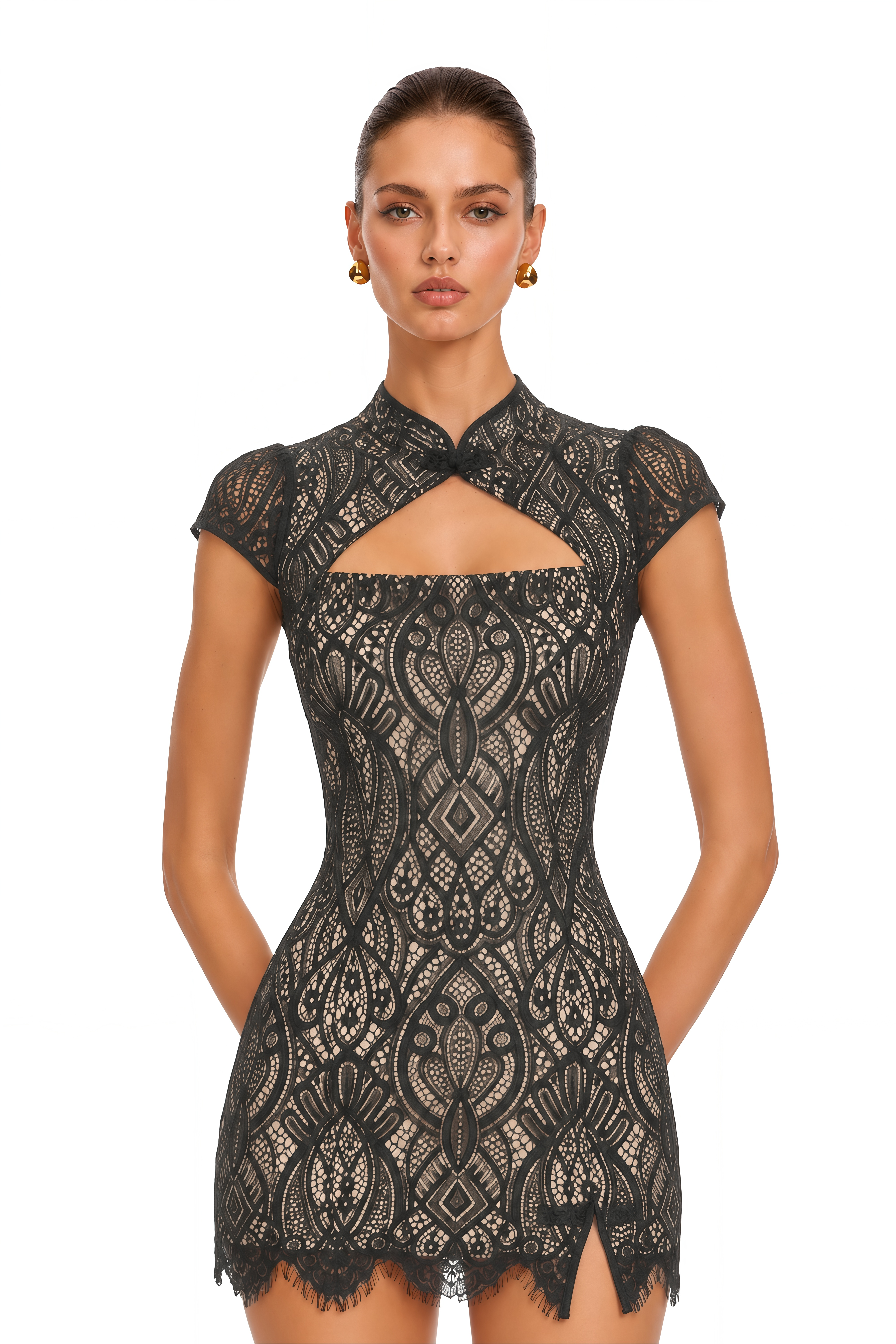 Ezlyn Black High Neck Cut-Out Lace Mini Dress