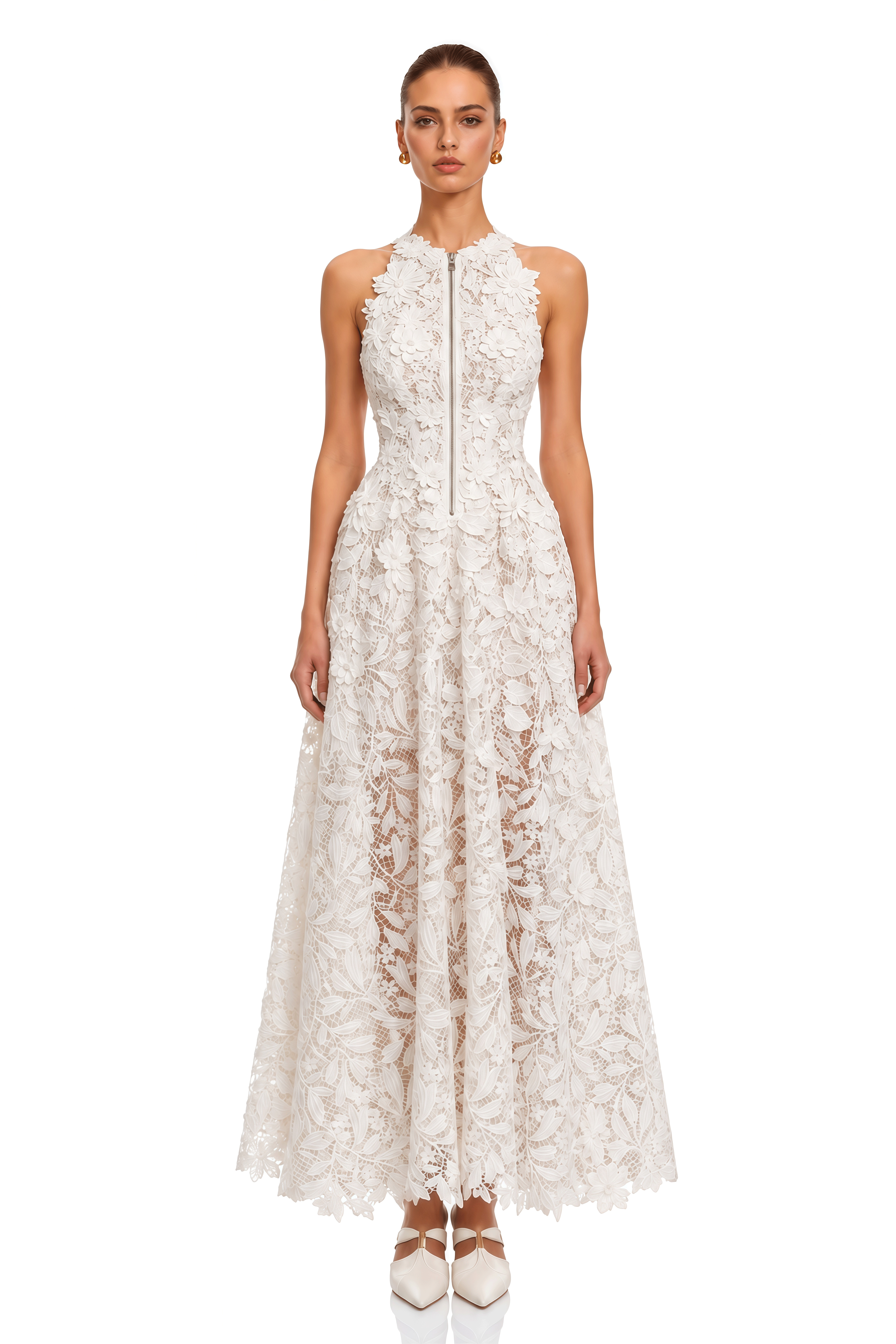 Ezra White 3D Floral Lace Maxi Dress