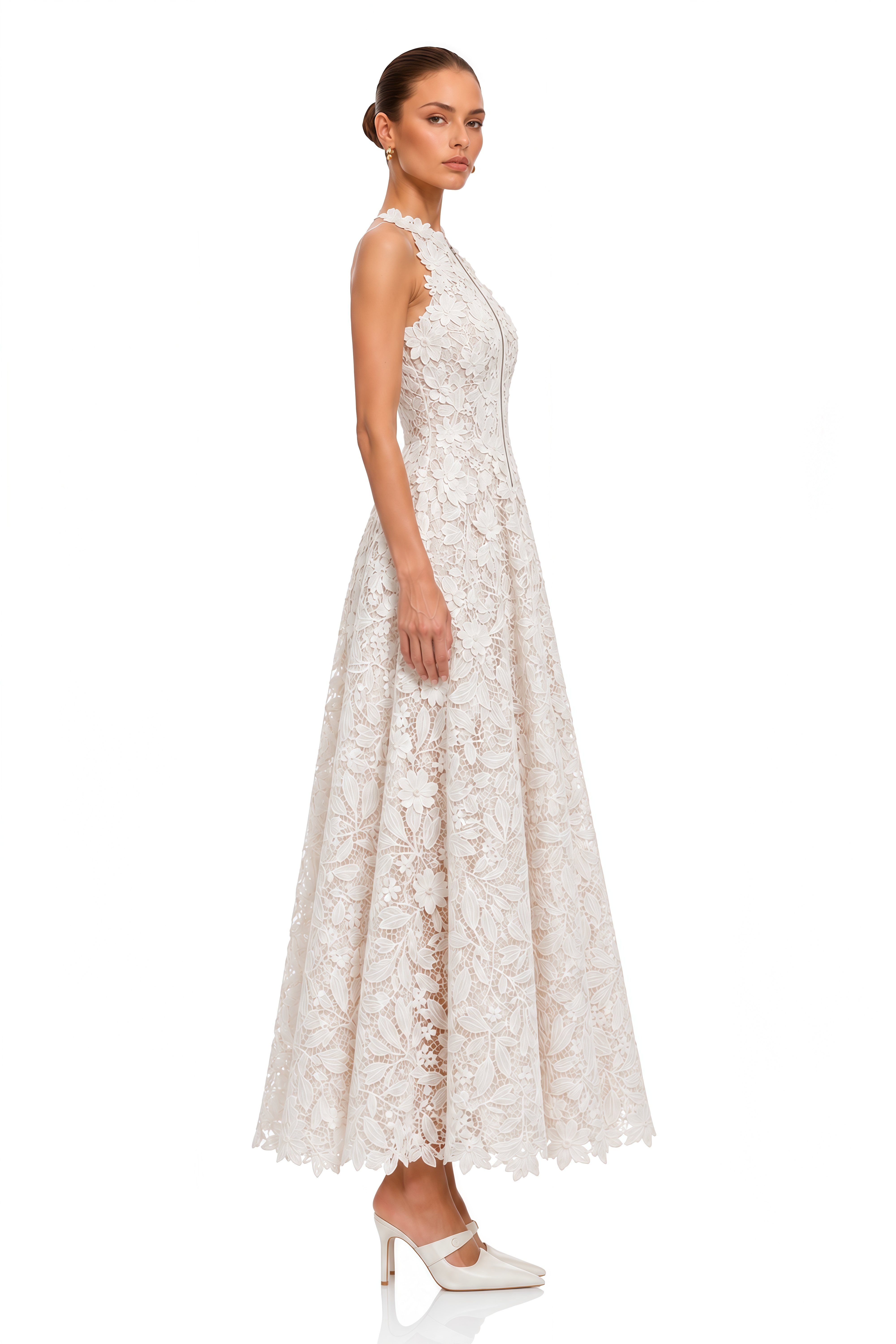 Ezra White 3D Floral Lace Maxi Dress