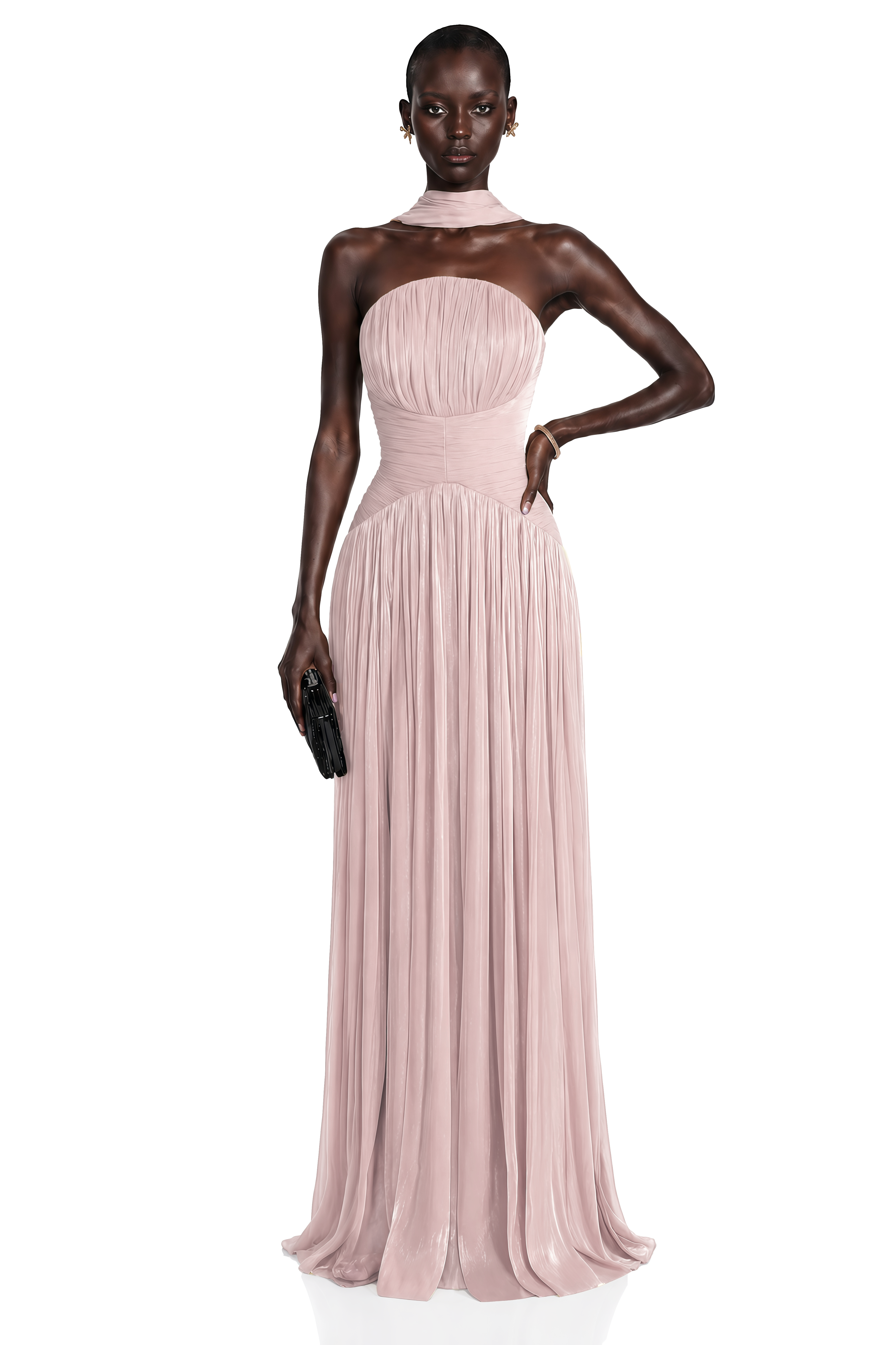 Fadime Pink Cross Front Ruched Maxi Dress with Cape