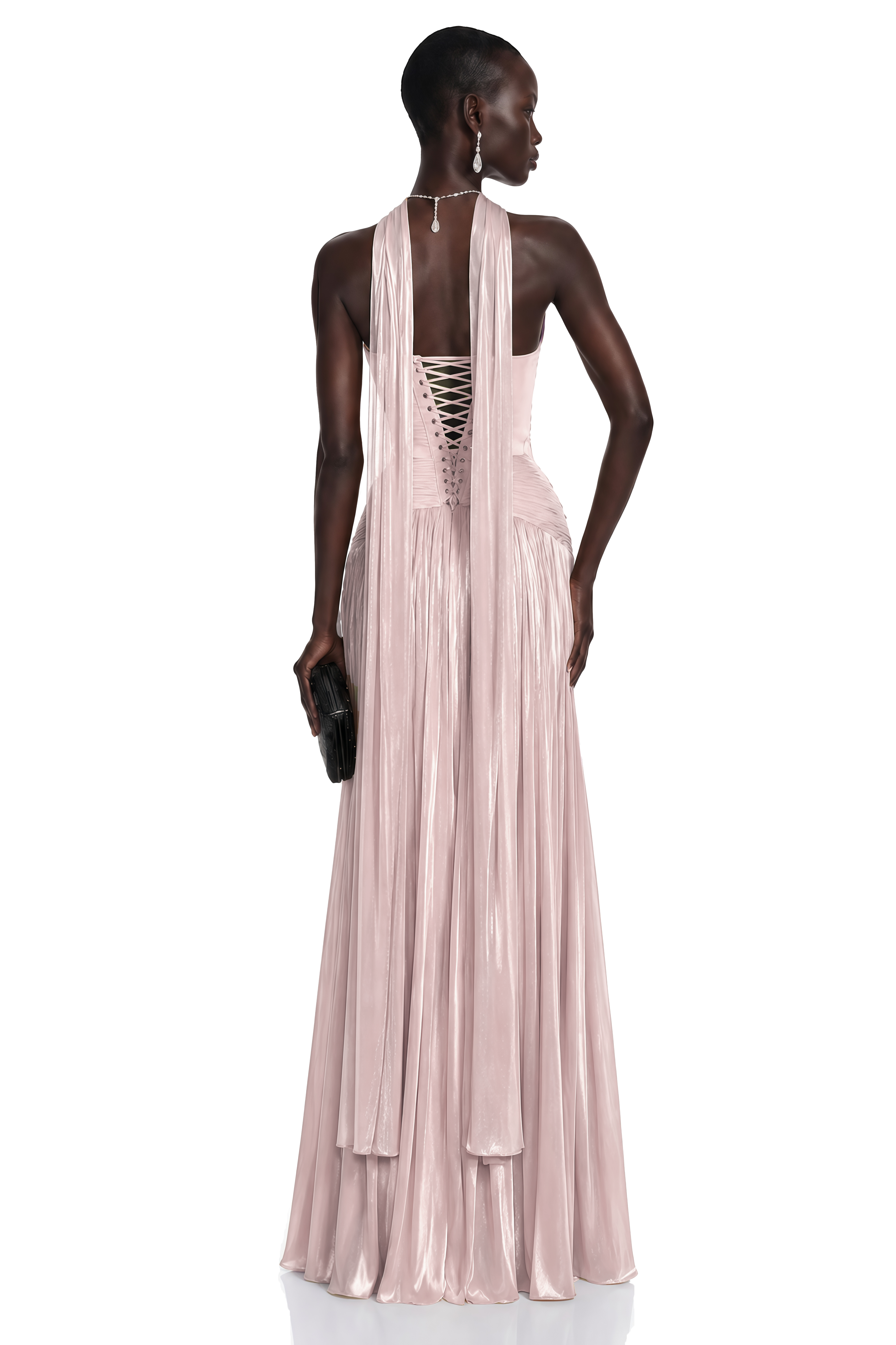 Fadime Pink Cross Front Ruched Maxi Dress with Cape