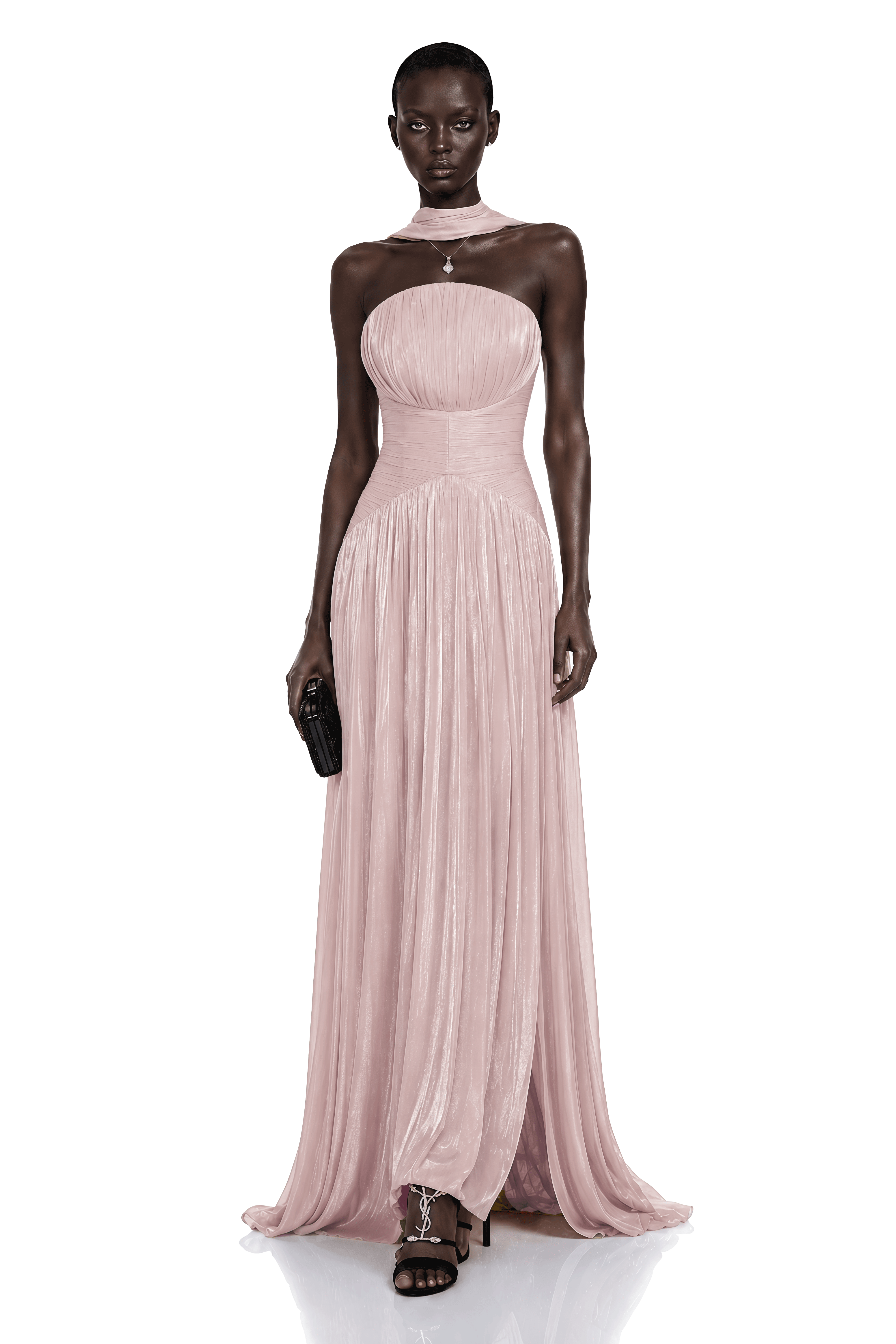 Fadime Pink Cross Front Ruched Maxi Dress with Cape