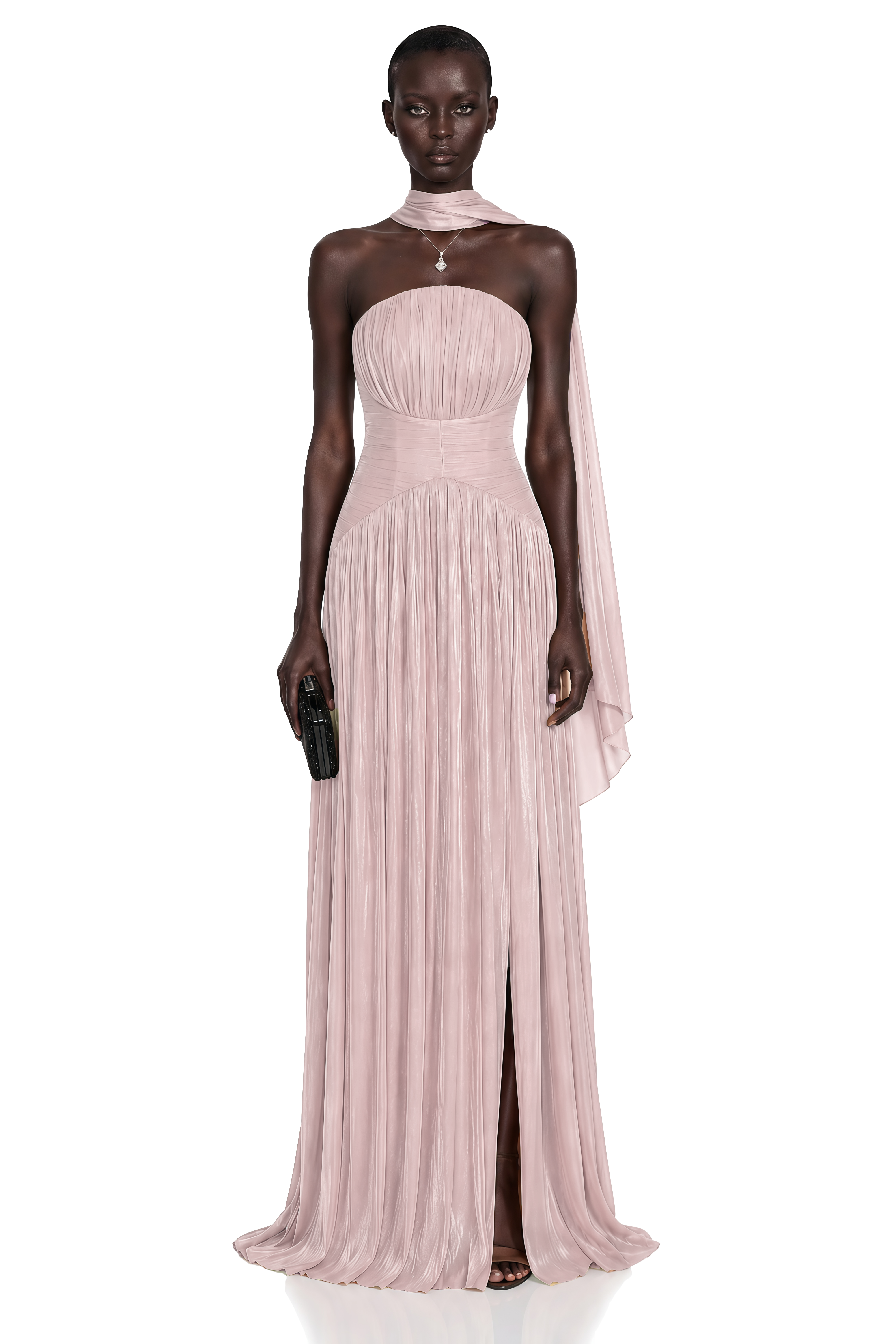 Fadime Pink Cross Front Ruched Maxi Dress with Cape