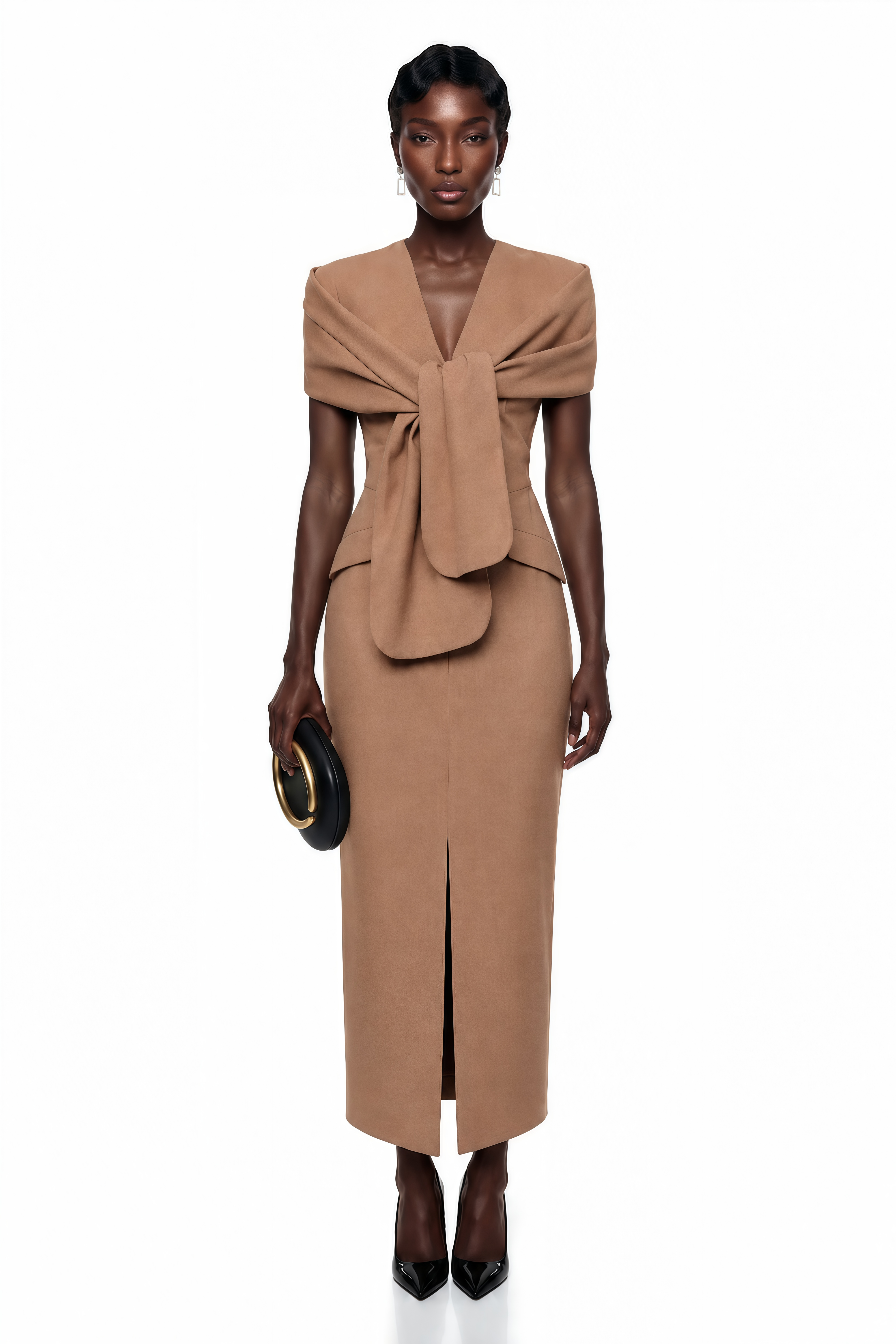 Fahire Brown Plunge Neck Midi Dress with Self-Tie (Final Sale-US Only)
