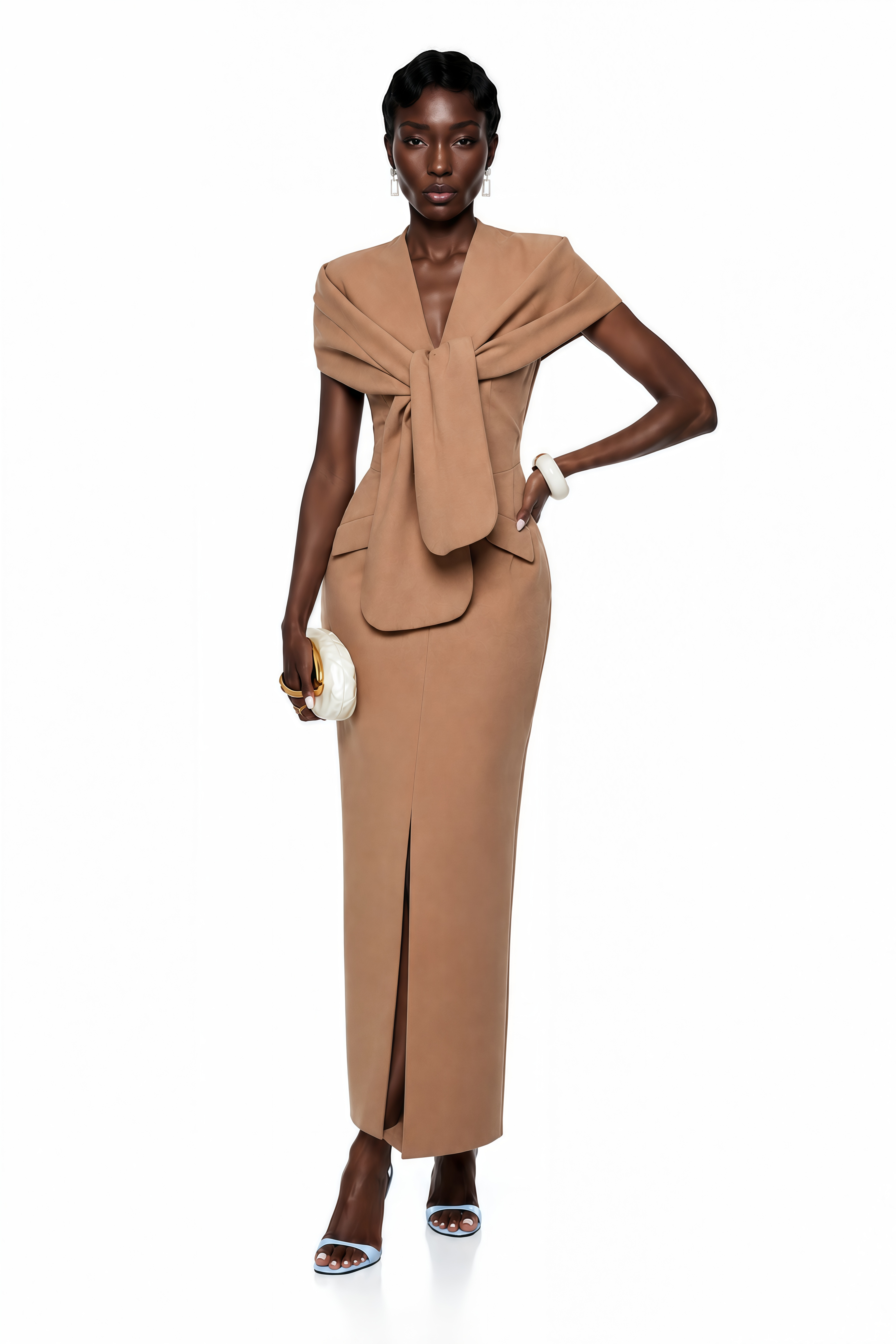 Fahire Brown Plunge Neck Midi Dress with Self-Tie (Final Sale-US Only)