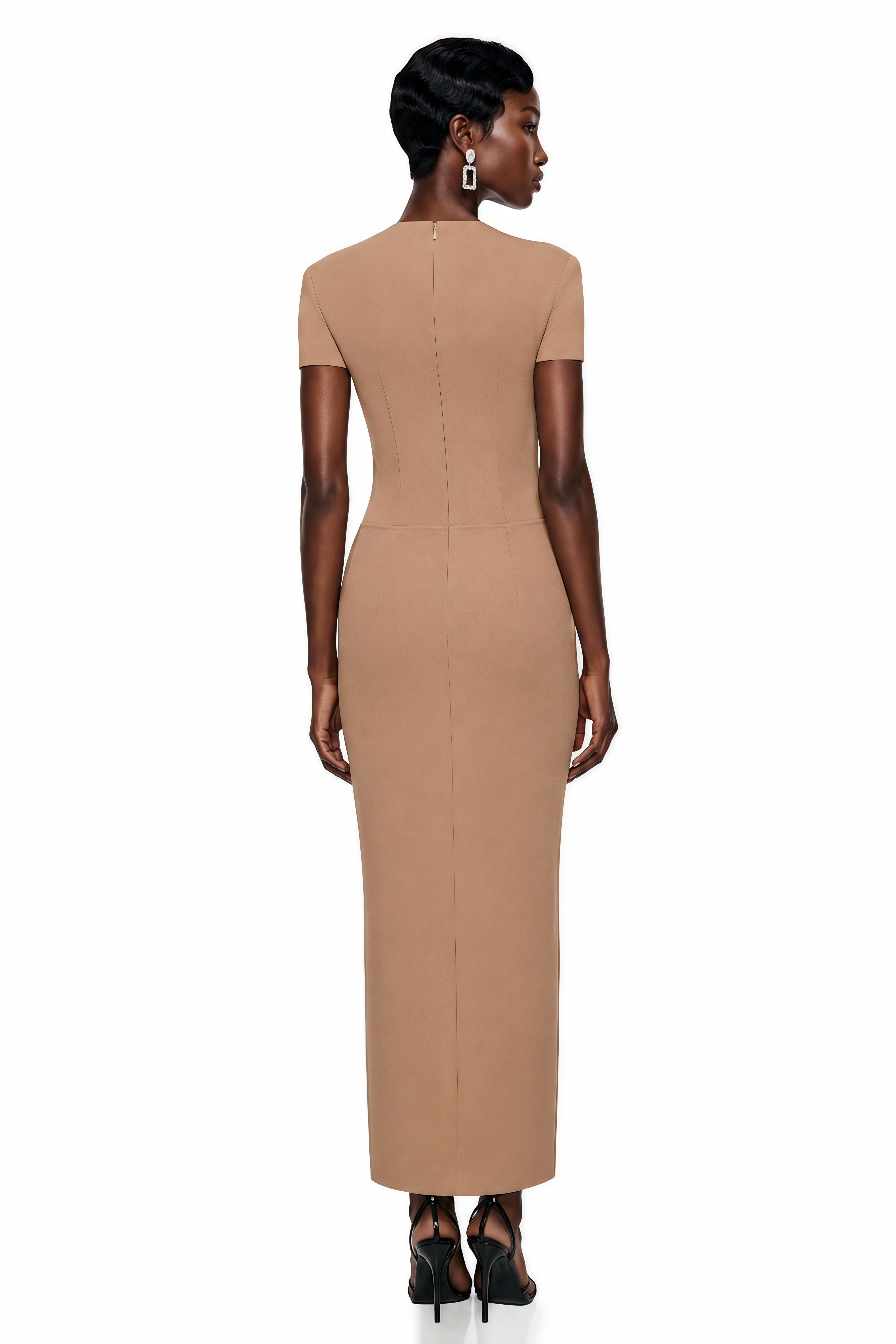 Fahire Brown Plunge Neck Midi Dress with Self-Tie (Final Sale-US Only)