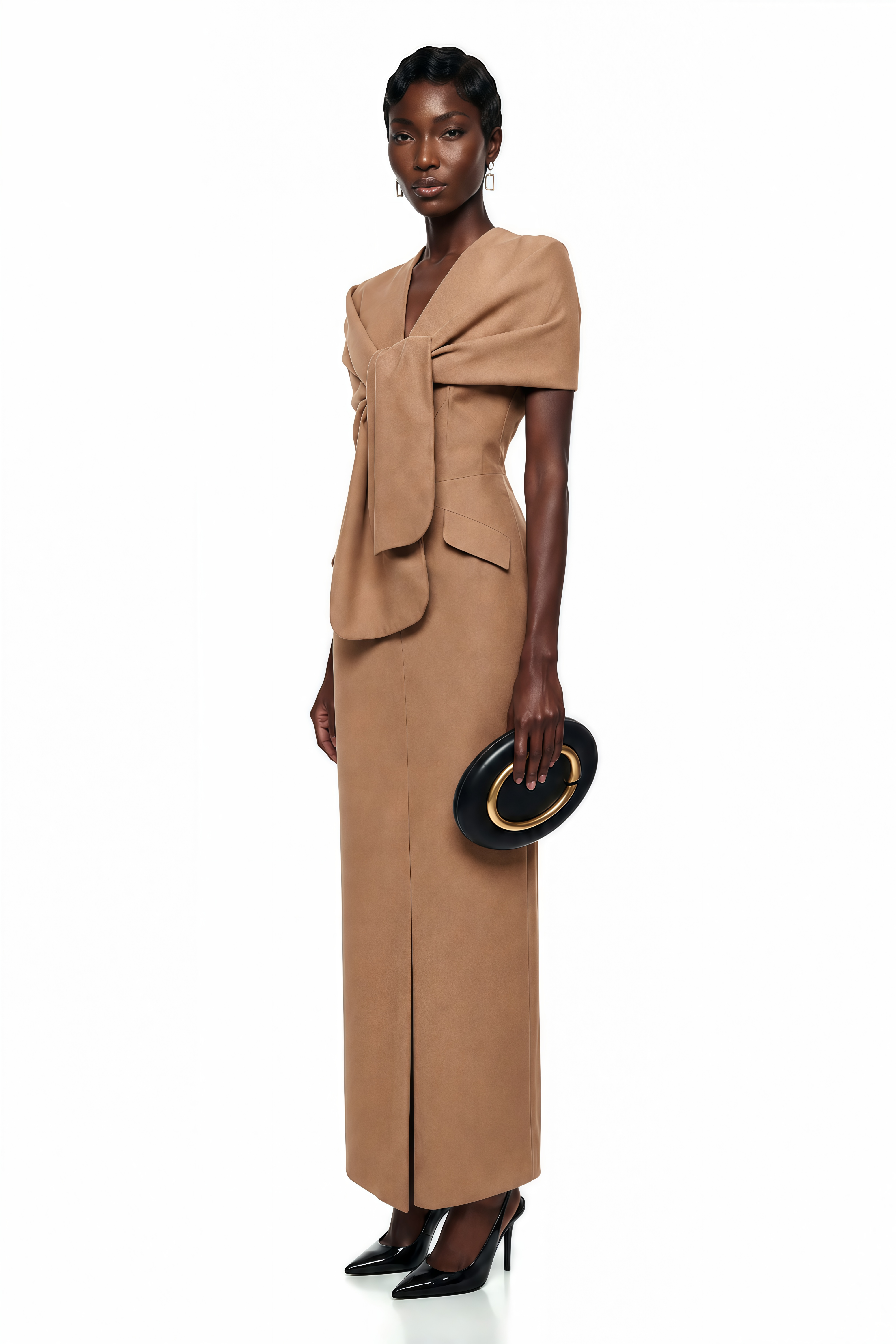 Fahire Brown Plunge Neck Midi Dress with Self-Tie (Final Sale-US Only)