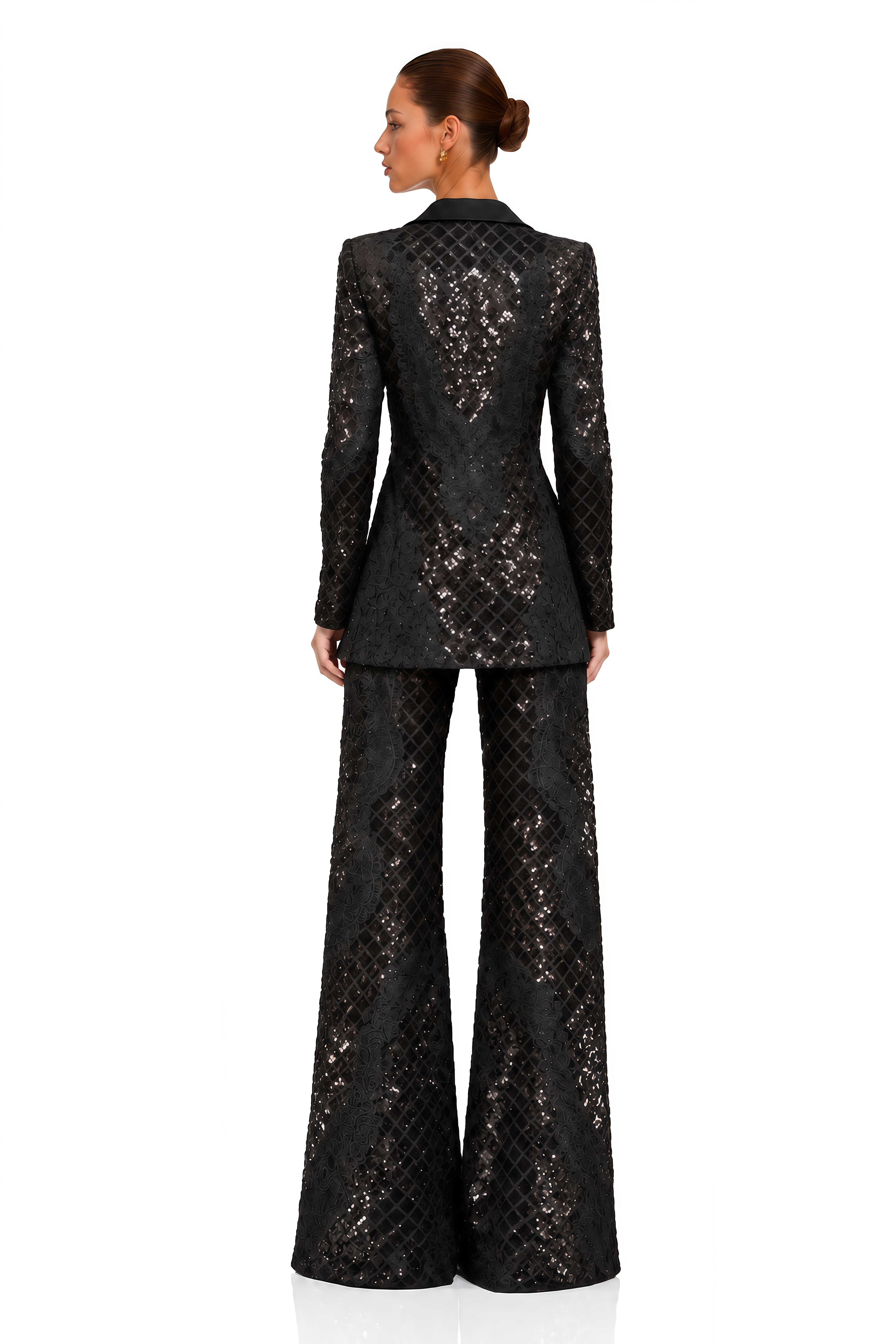 Faigy Black Sequin Lace Blazer & Wide Leg Trousers Set