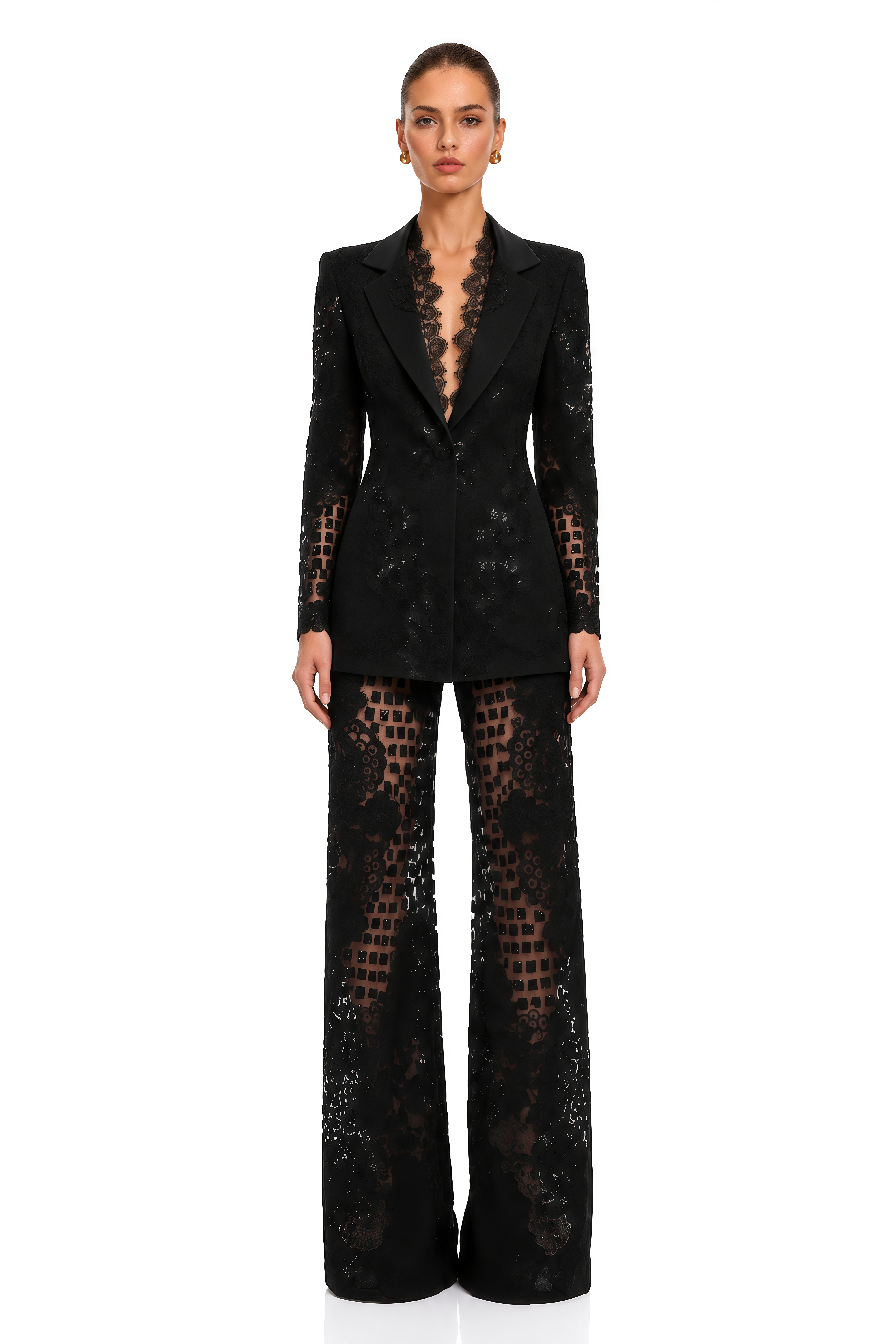 Faigy Black Sequin Lace Blazer & Wide Leg Trousers Set