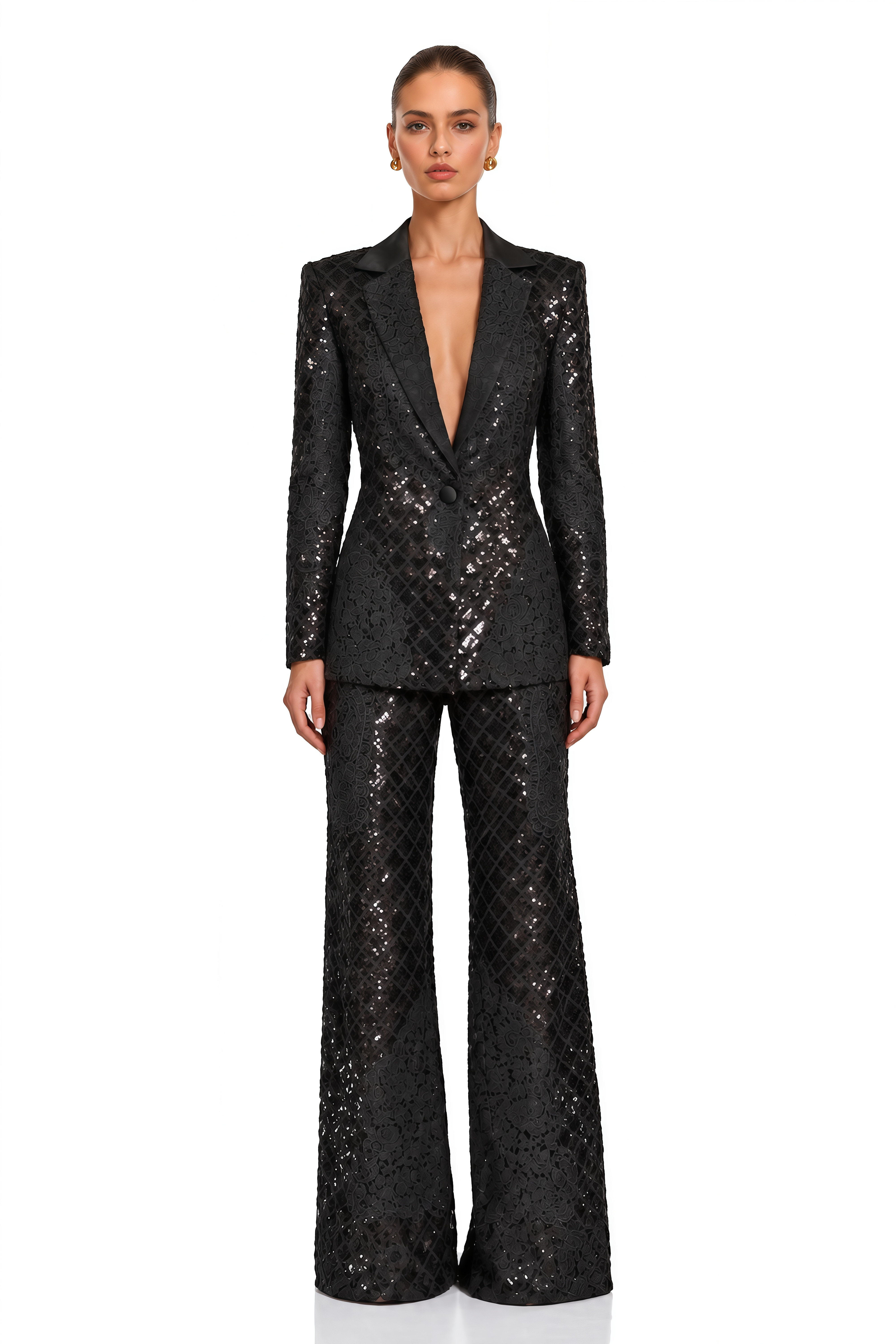 Faigy Black Sequin Lace Blazer & Wide Leg Trousers Set