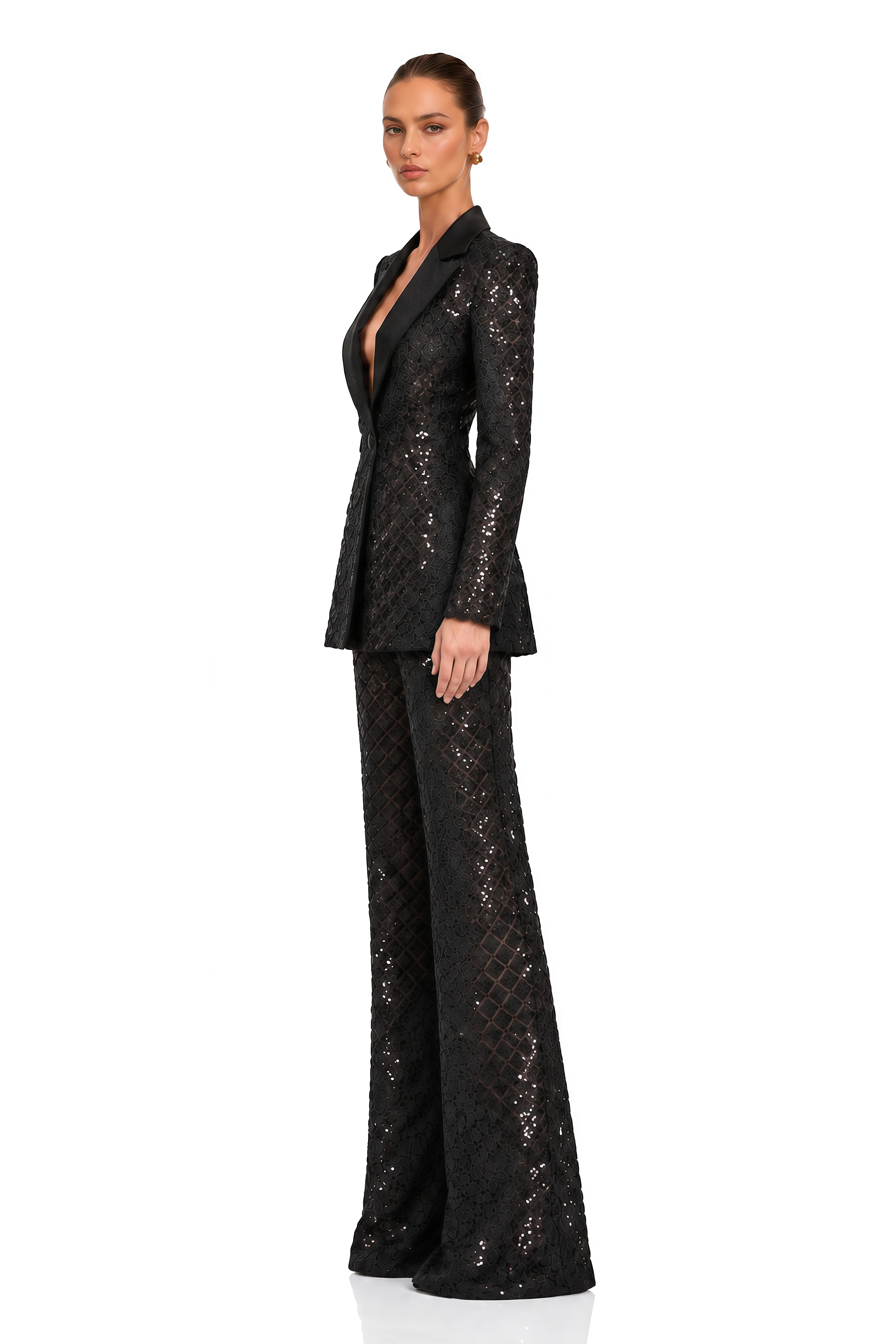 Faigy Black Sequin Lace Blazer & Wide Leg Trousers Set
