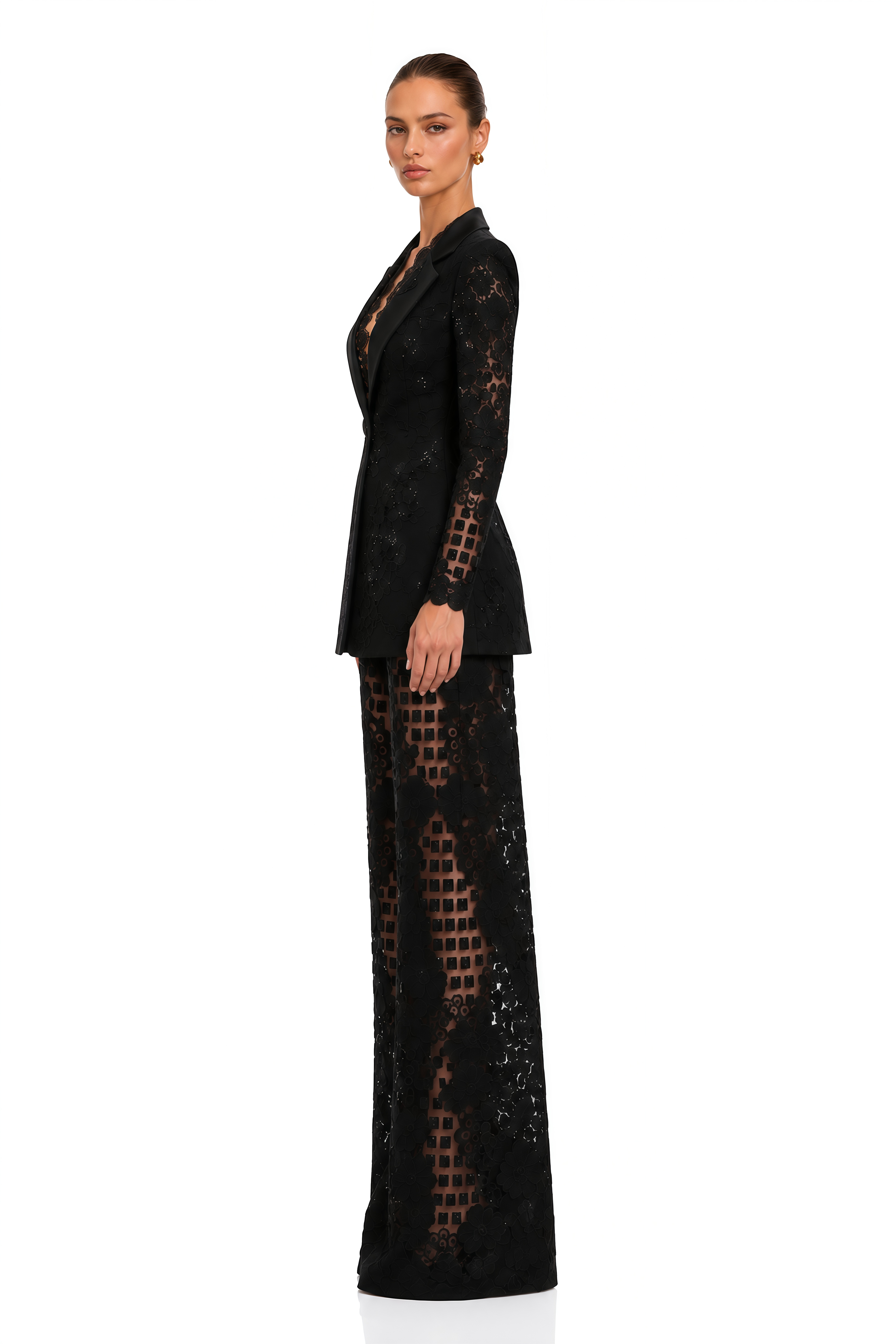 Faigy Black Sequin Lace Blazer & Wide Leg Trousers Set