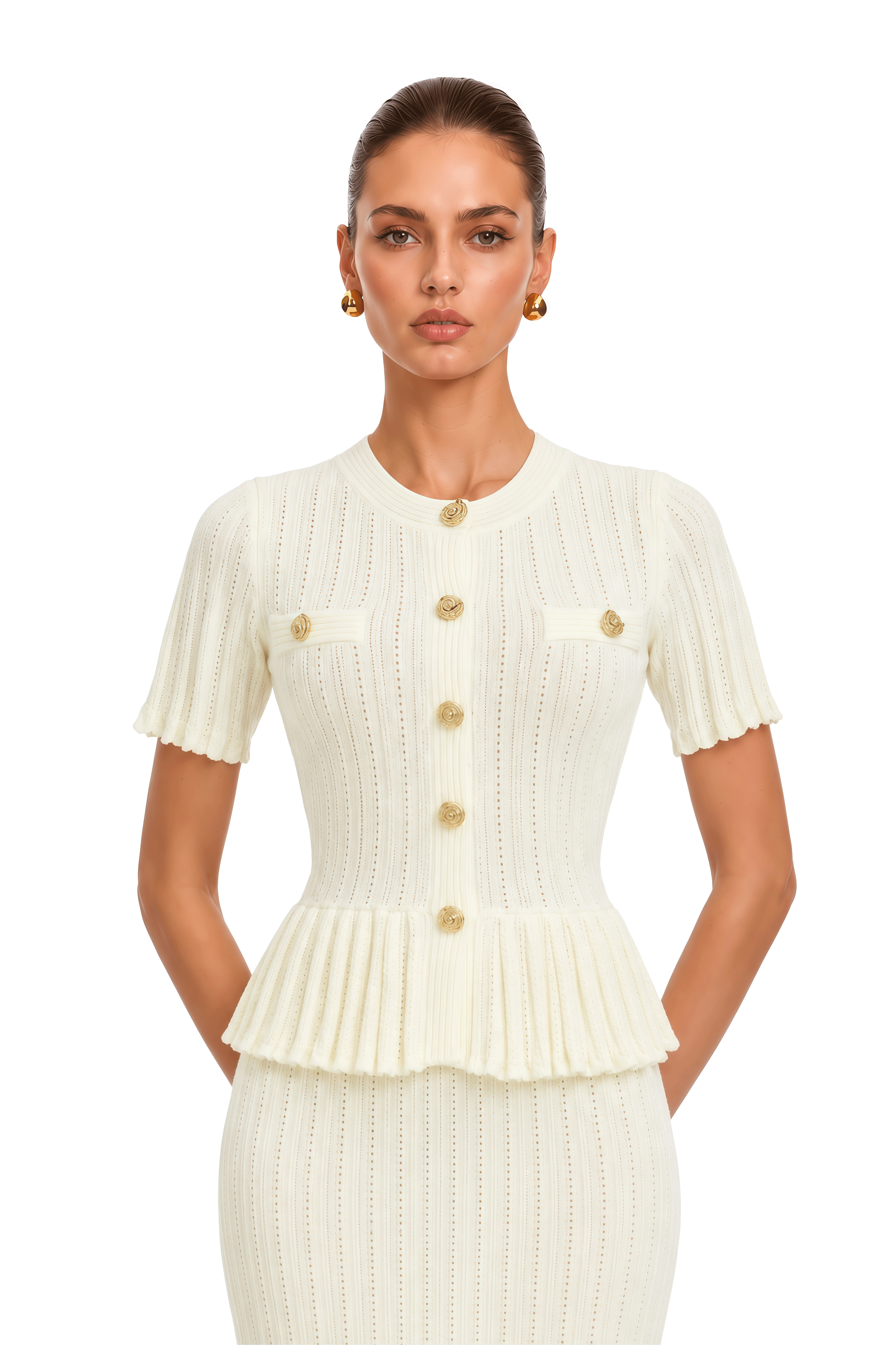 Faigy White Knit Short Sleeve Top & Midi Skirt Set