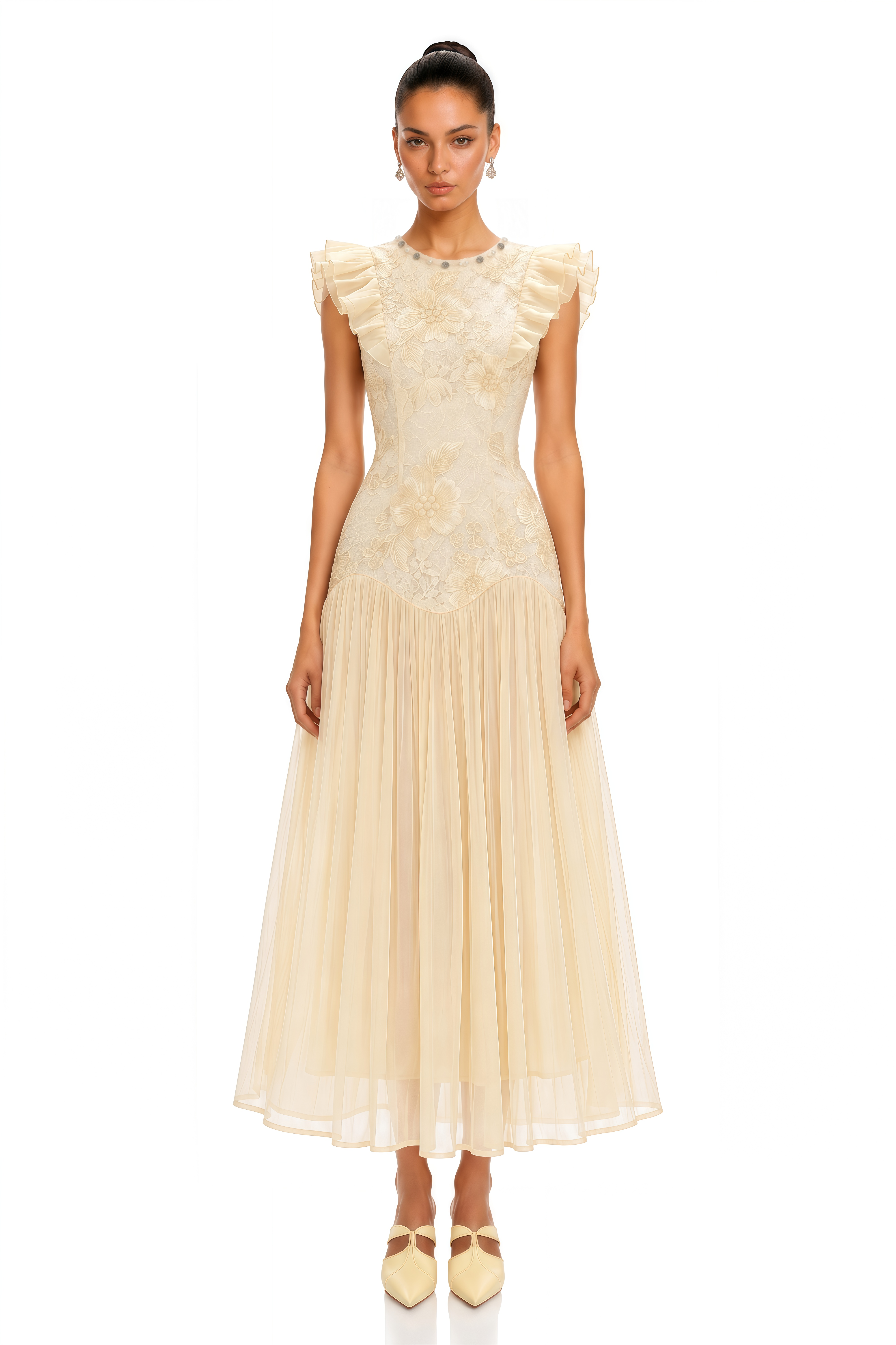 Farheen Yellow Lace Ruffled Sleeve Midi Dress