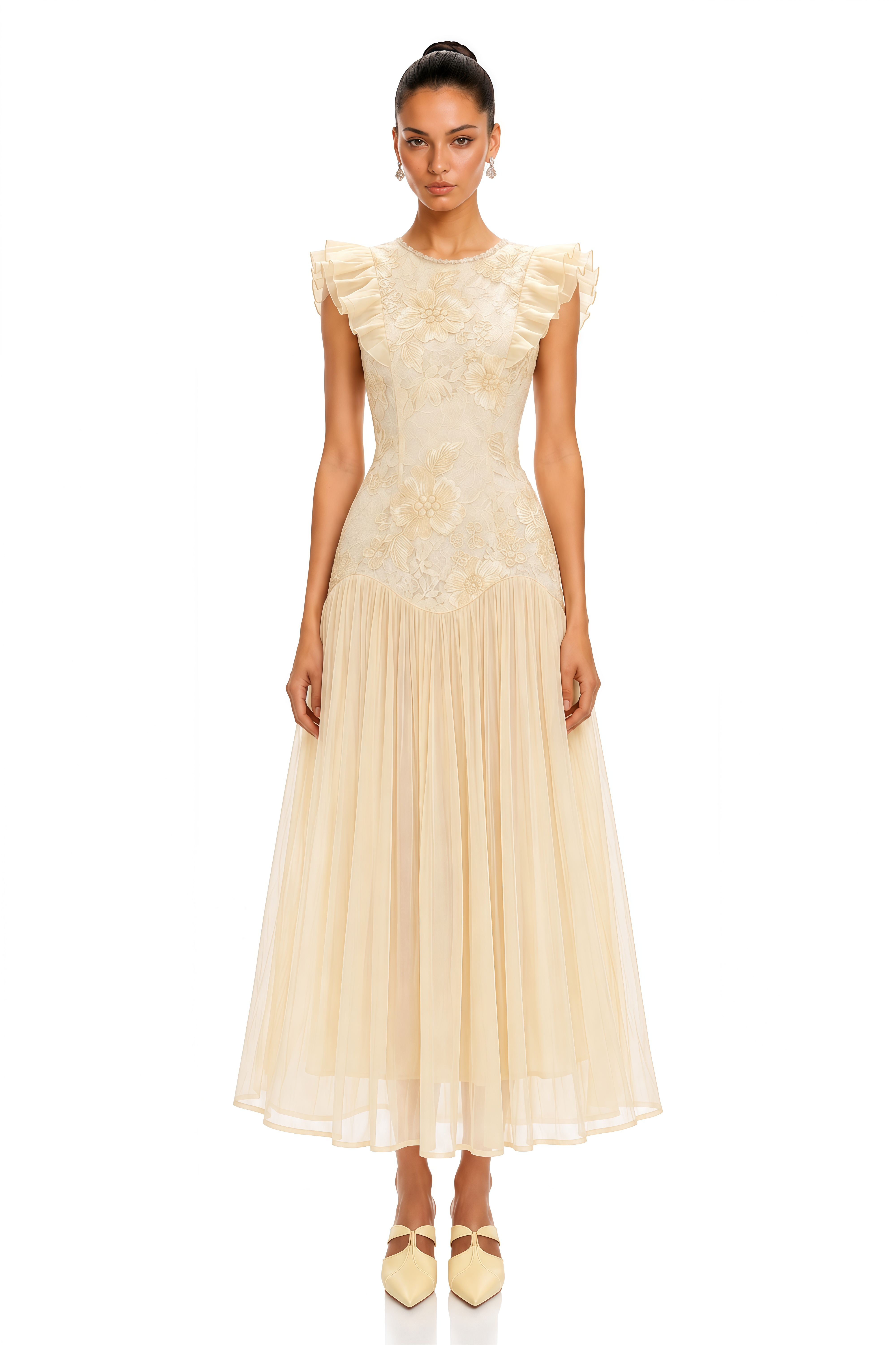 Farheen Yellow Lace Ruffled Sleeve Midi Dress