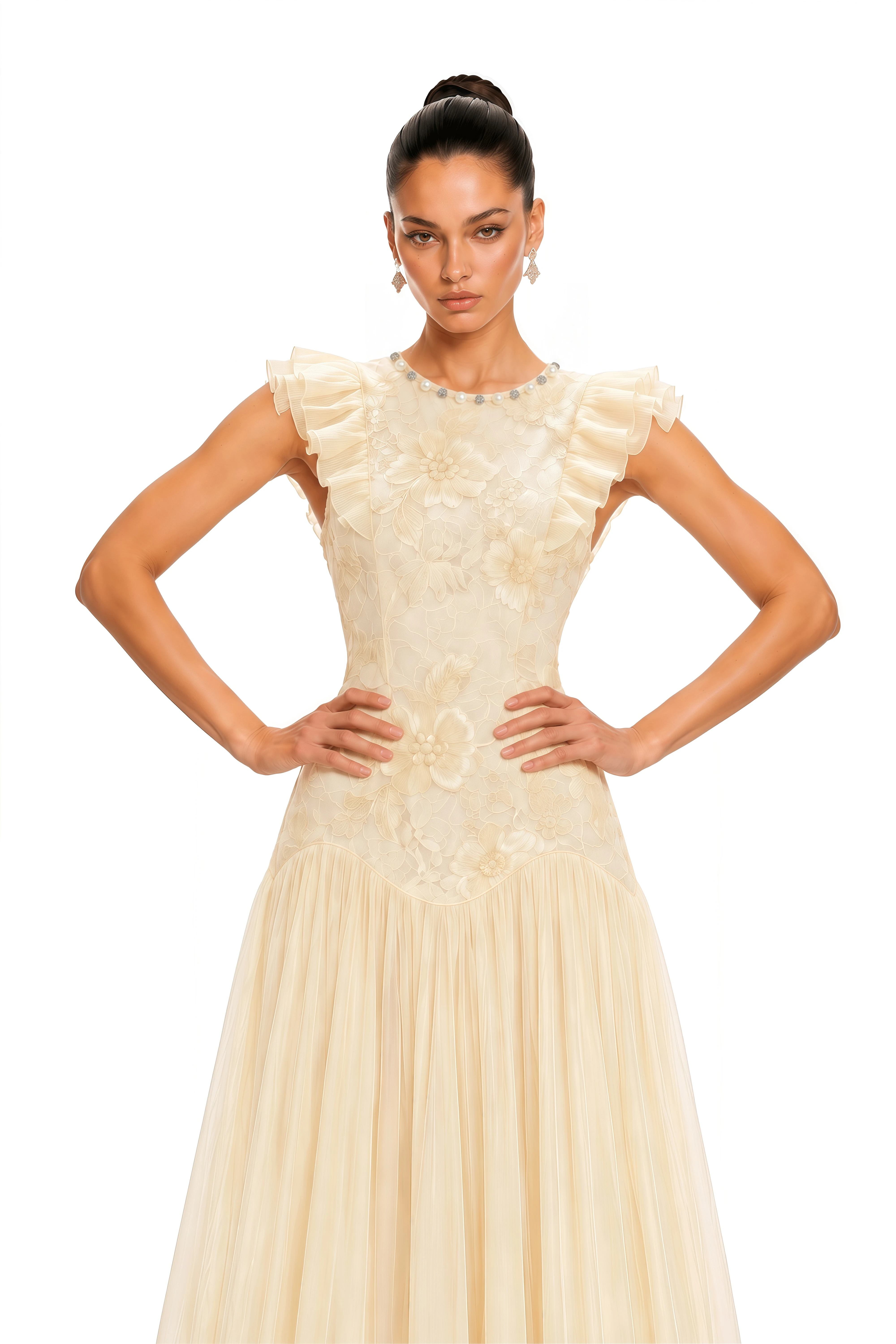 Farheen Yellow Lace Ruffled Sleeve Midi Dress