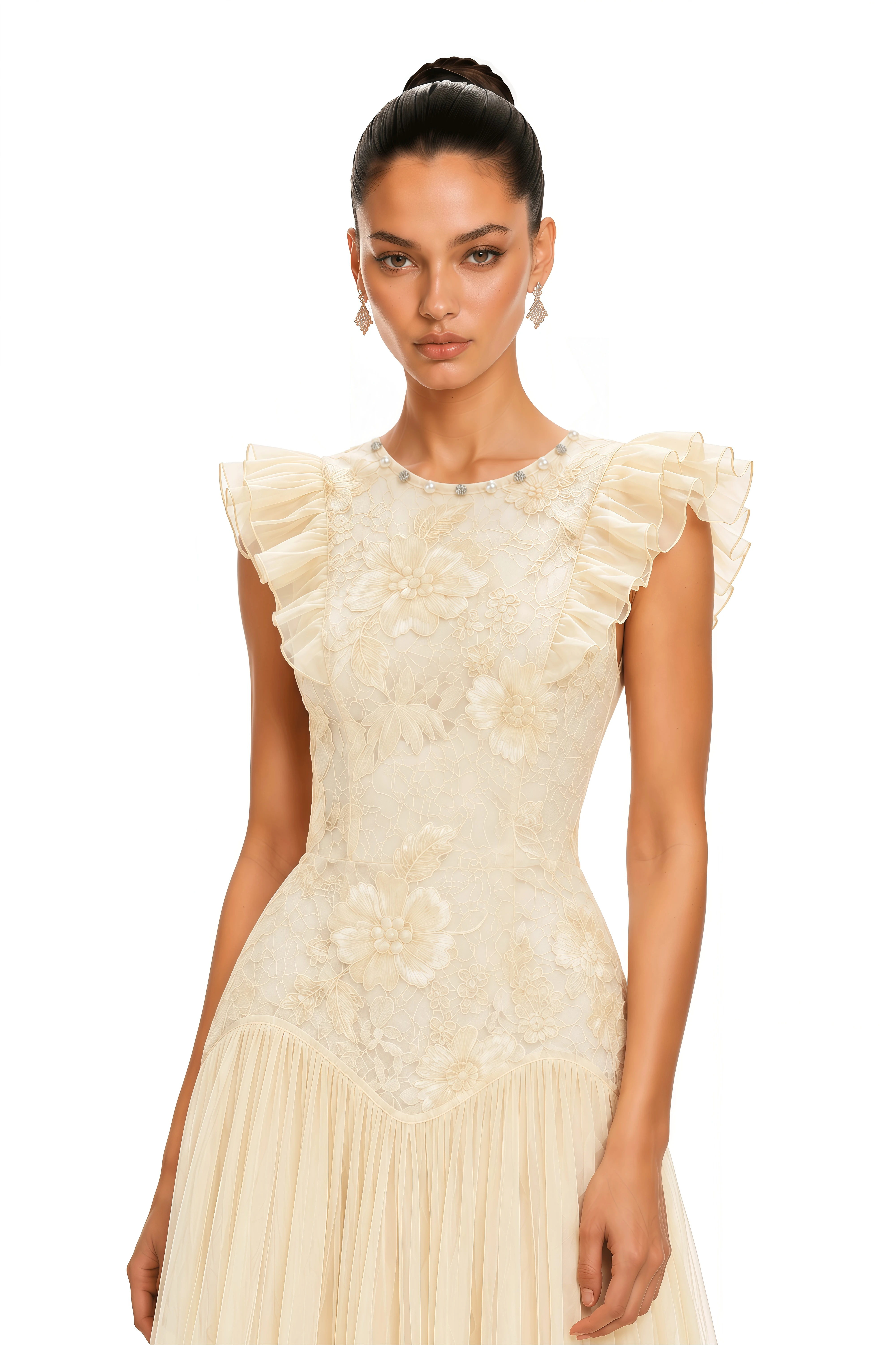 Farheen Yellow Lace Ruffled Sleeve Midi Dress