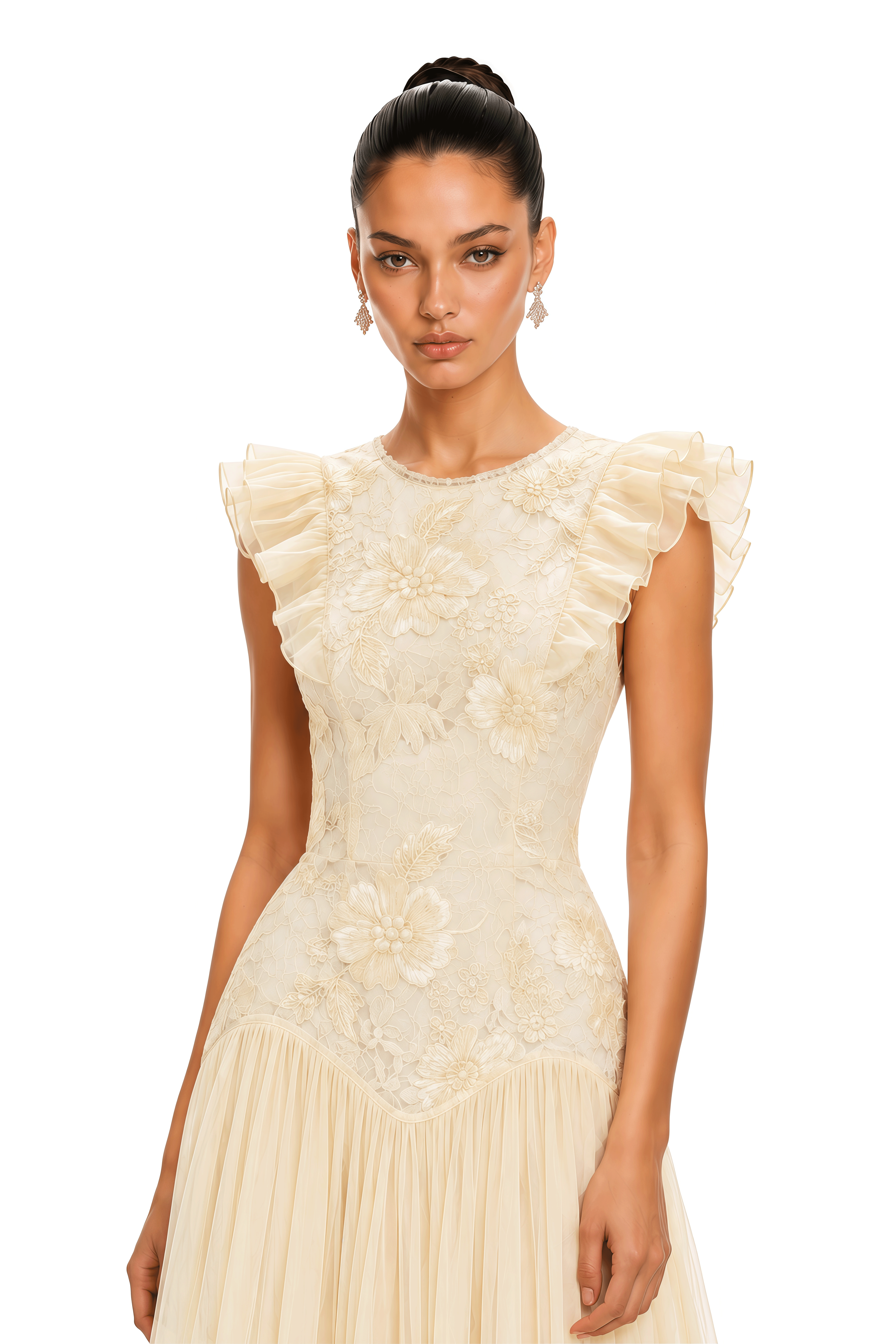 Farheen Yellow Lace Ruffled Sleeve Midi Dress