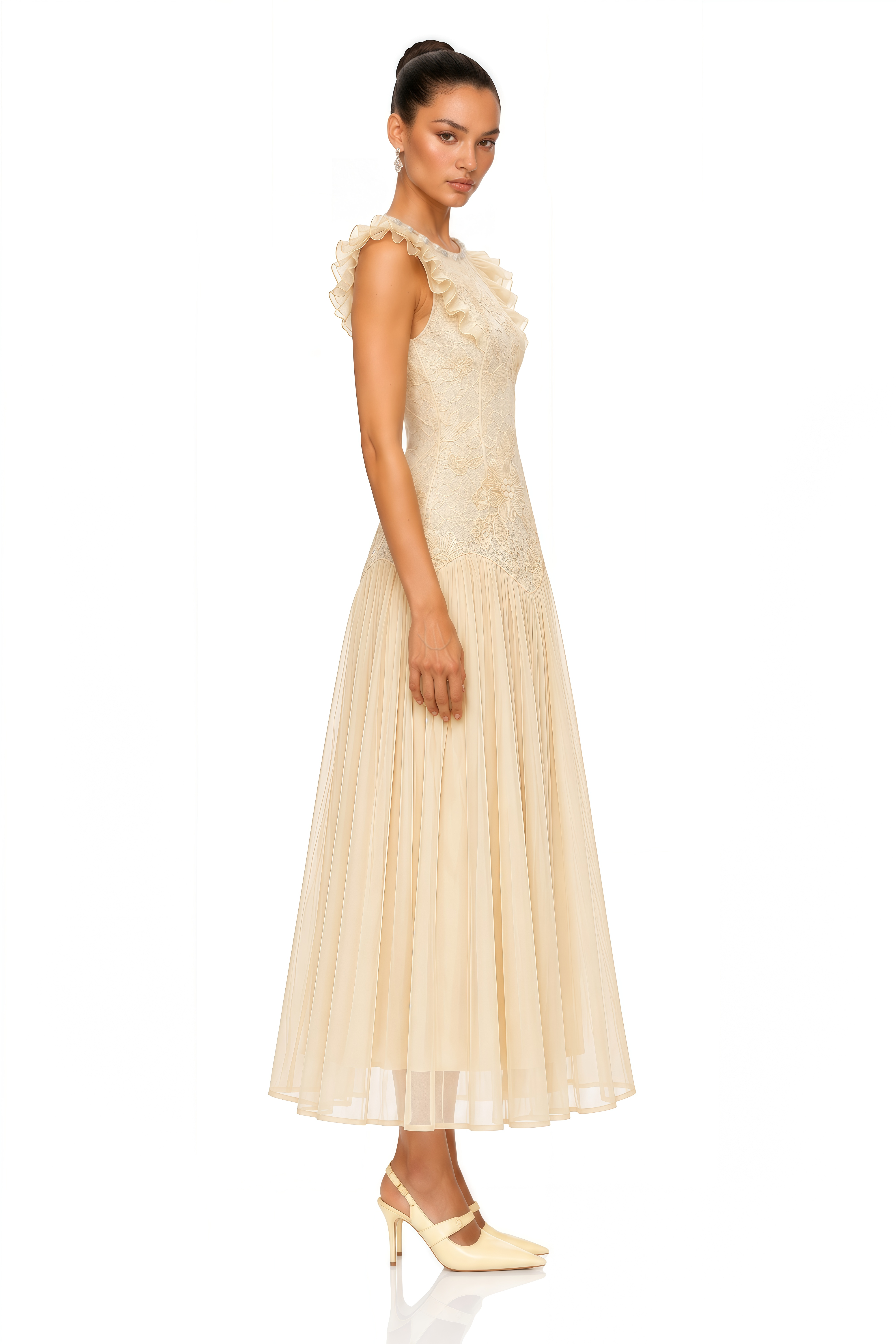 Farheen Yellow Lace Ruffled Sleeve Midi Dress