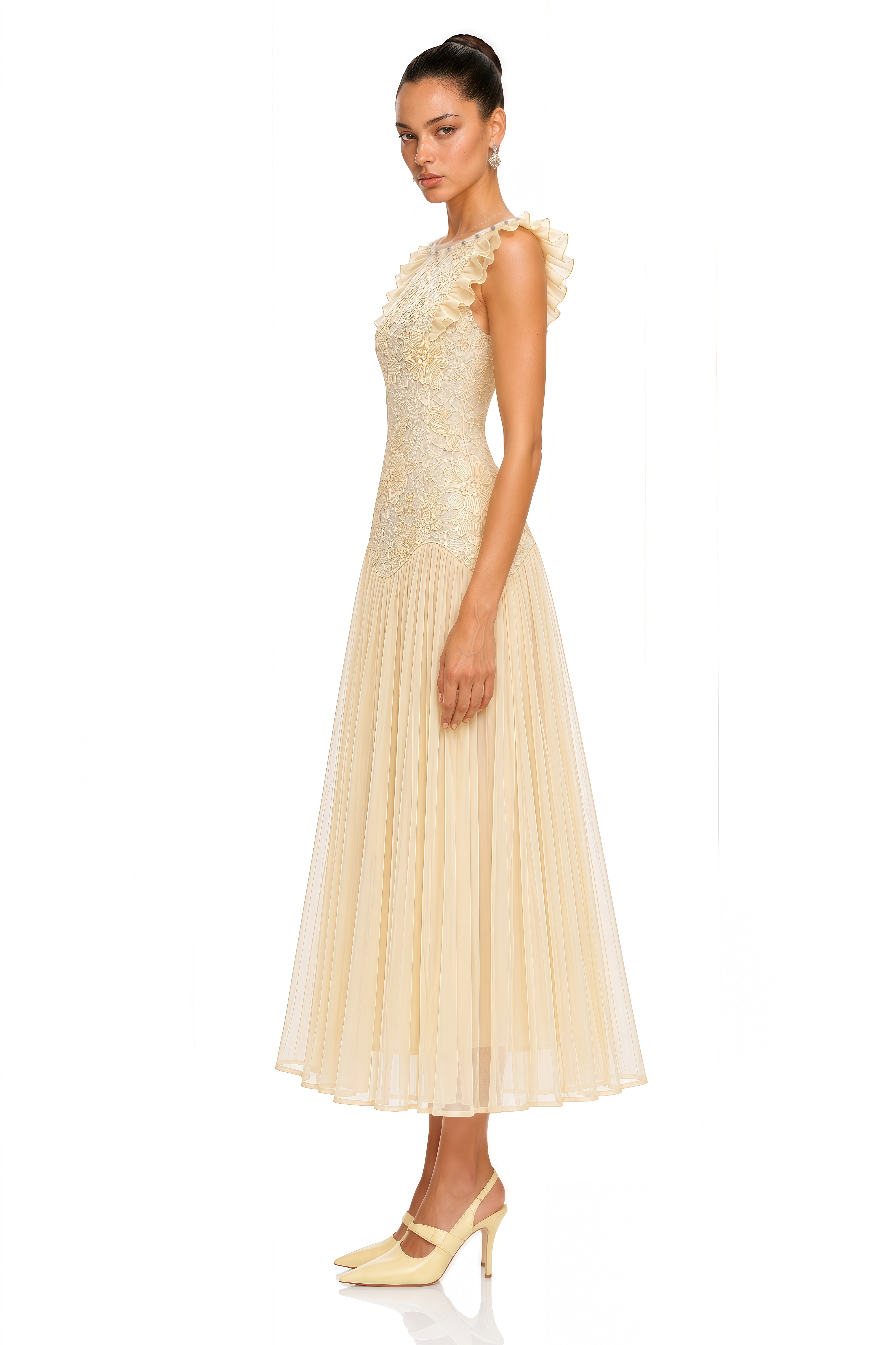 Farheen Yellow Lace Ruffled Sleeve Midi Dress