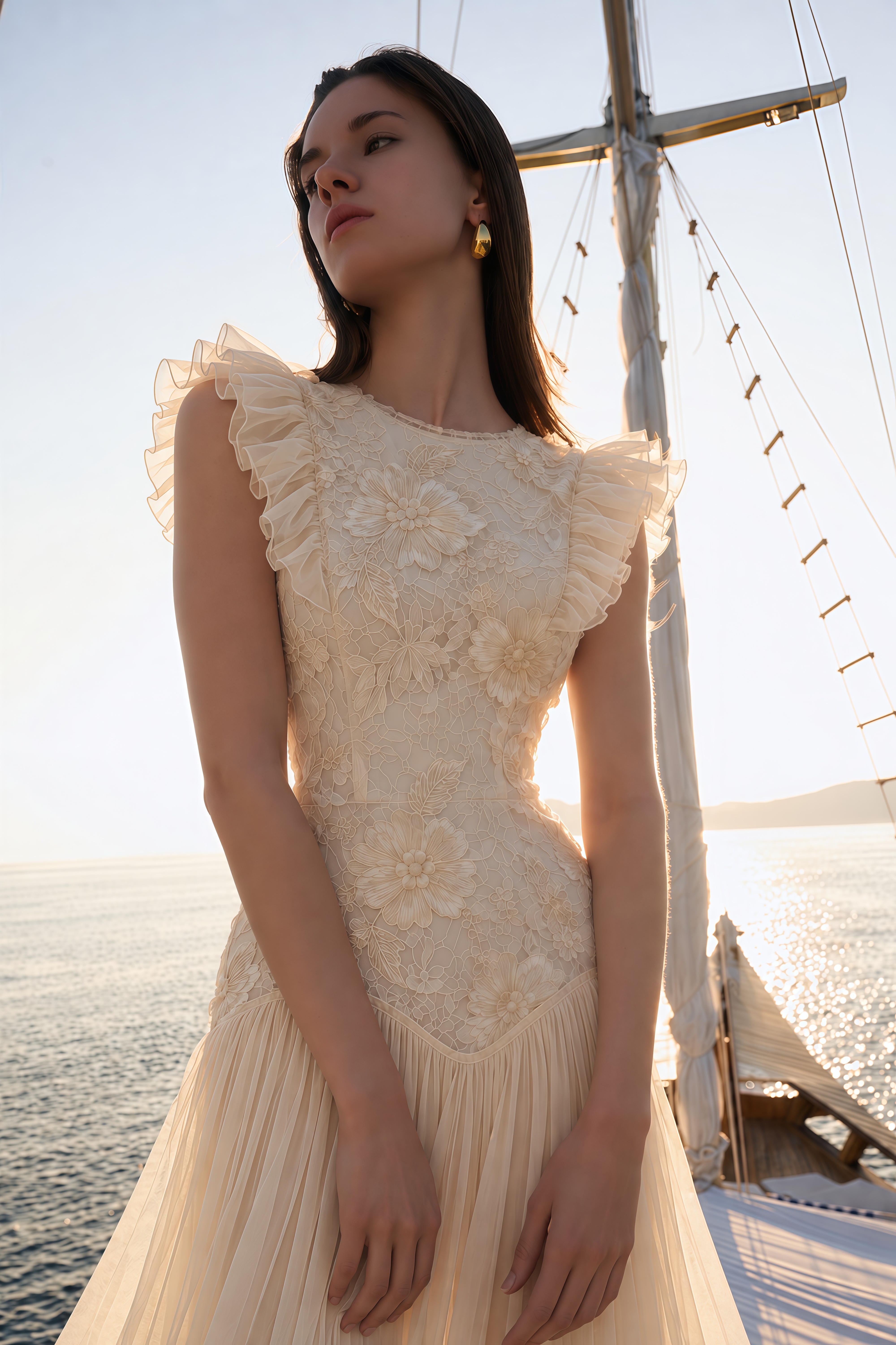 Farheen Yellow Lace Ruffled Sleeve Midi Dress