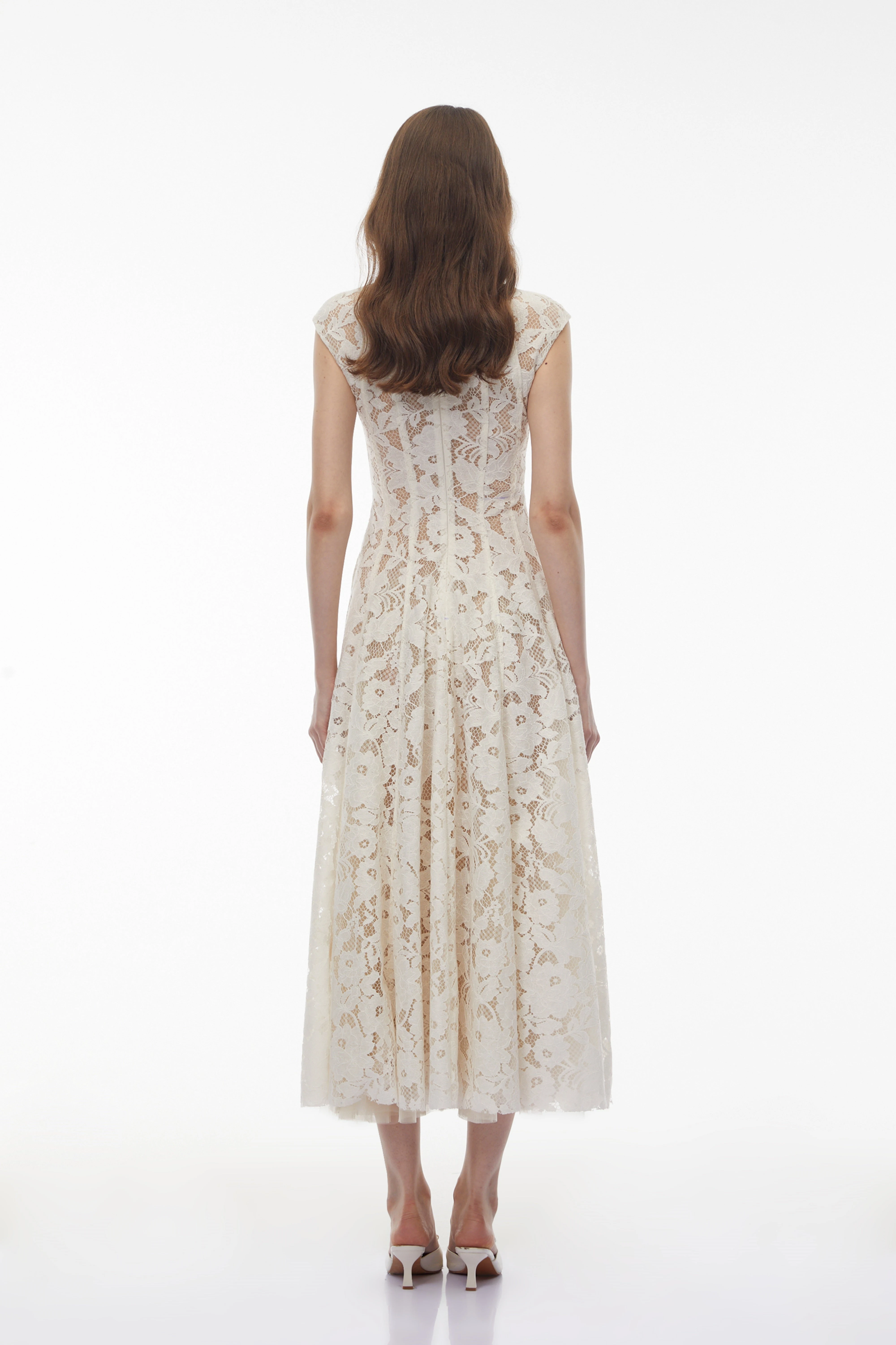 Ivory lace V-neck midi dress with cap sleeves